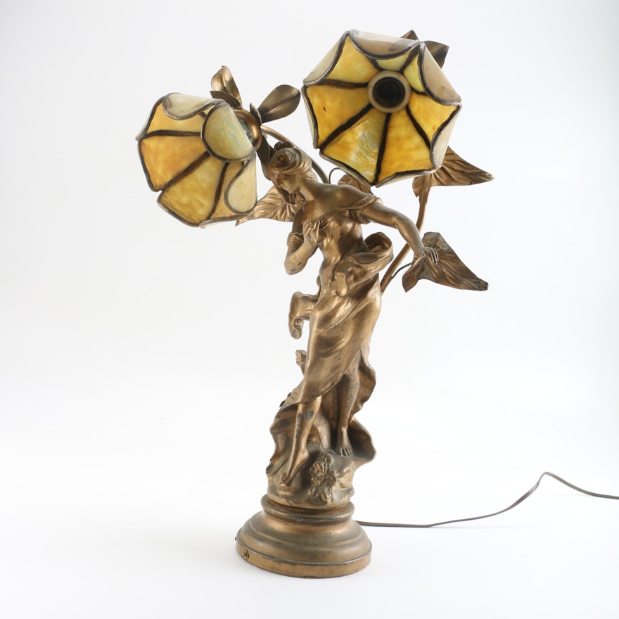 Early 20th Century Art Nouveau Figural Table Lamp with Stained Glass Shades