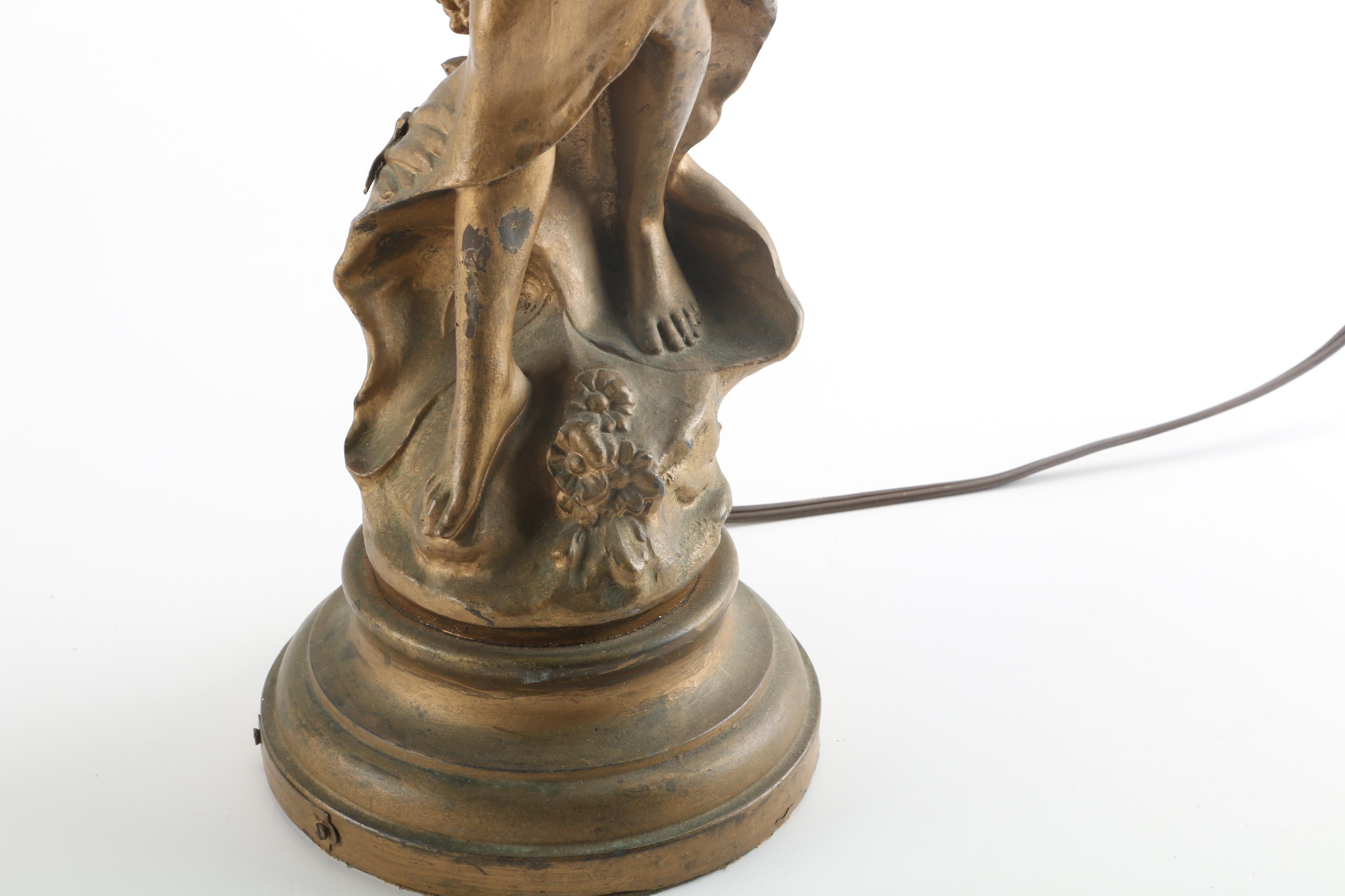 Early 20th Century Art Nouveau Figural Table Lamp with Stained Glass Shades