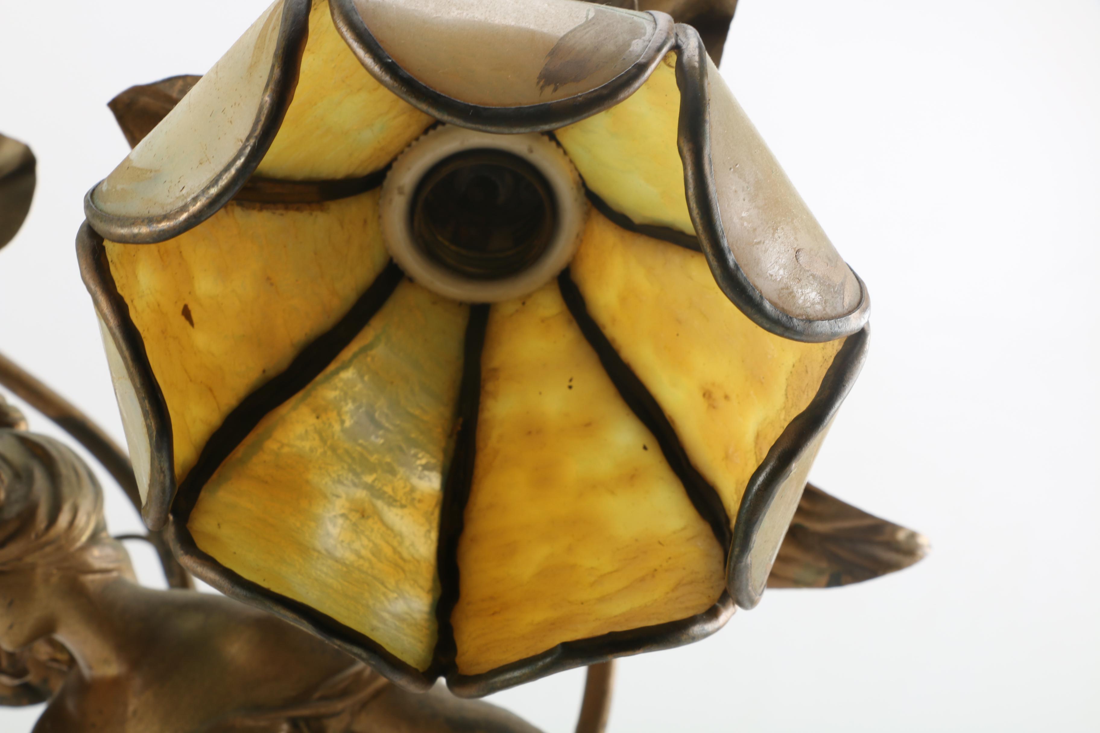 Early 20th Century Art Nouveau Figural Table Lamp with Stained Glass Shades