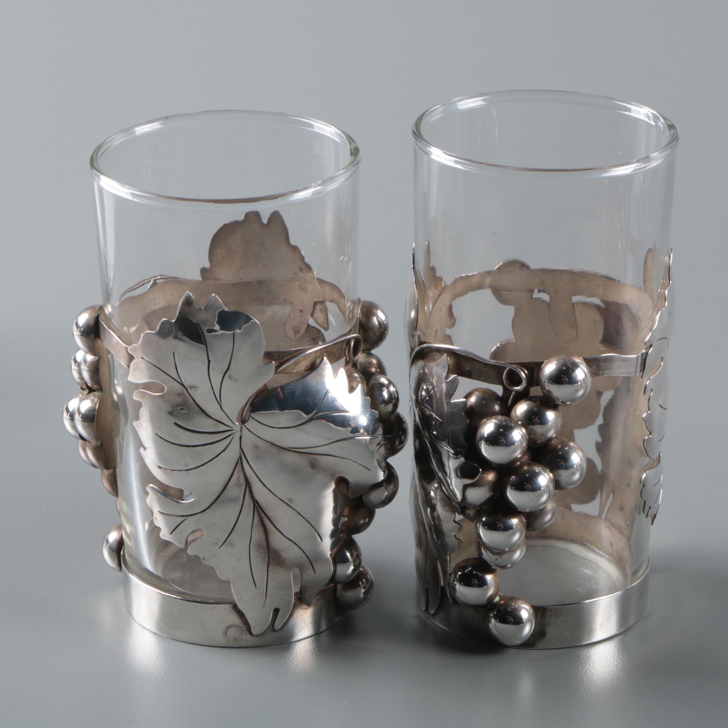 Highball Glasses with Mexican Sterling Silver Foliate Motif Overlays