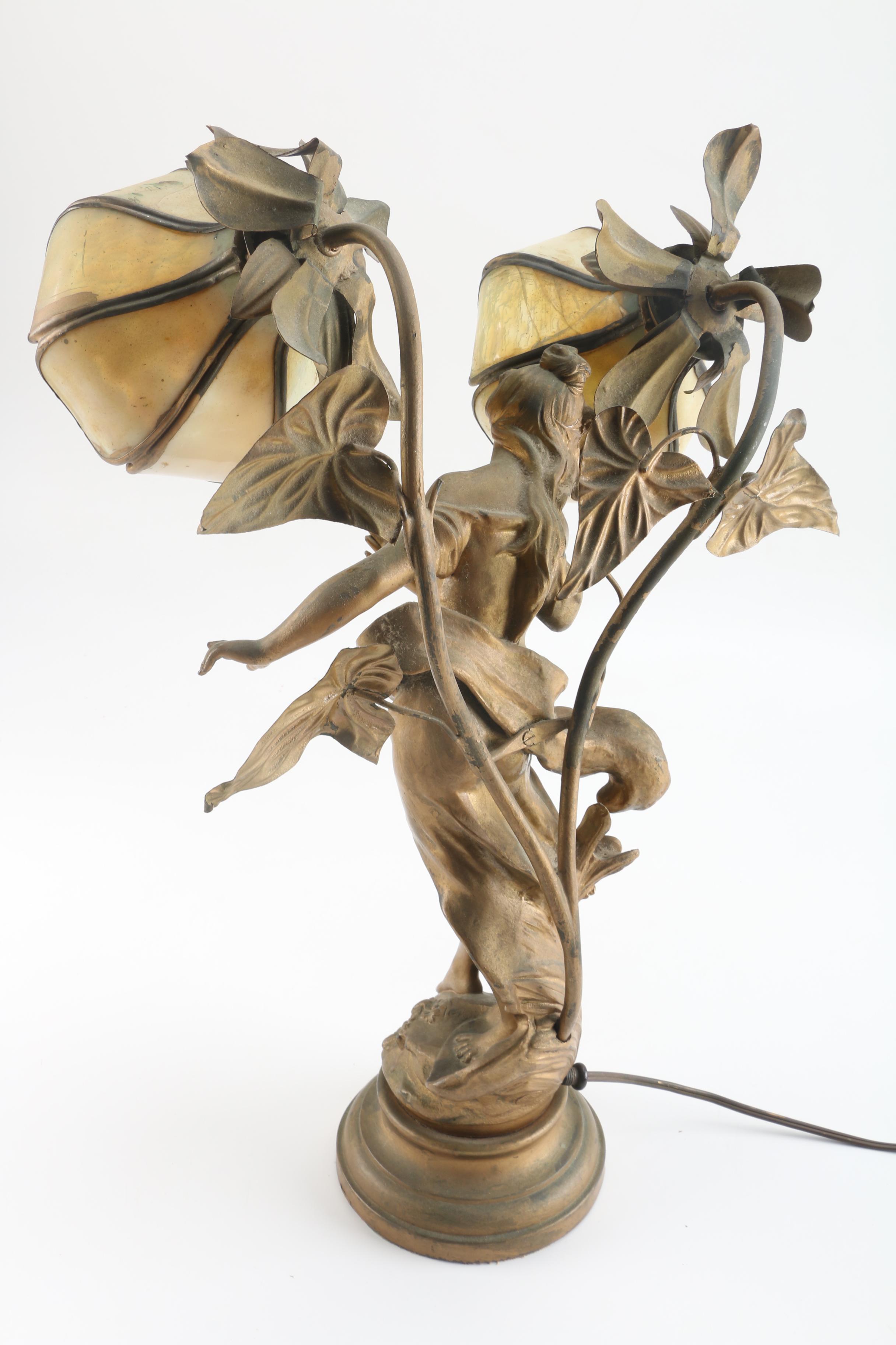 Early 20th Century Art Nouveau Figural Table Lamp with Stained Glass Shades
