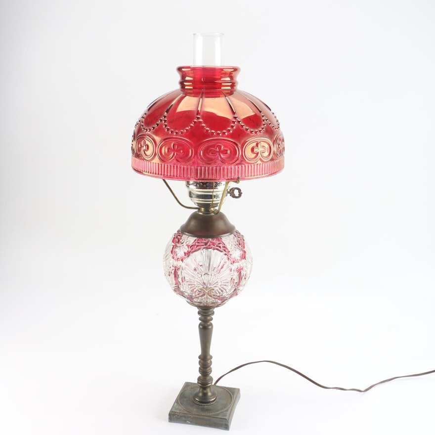 Vintage Converted Oil Lamp with Ruby Flashed Shade and Accented Font