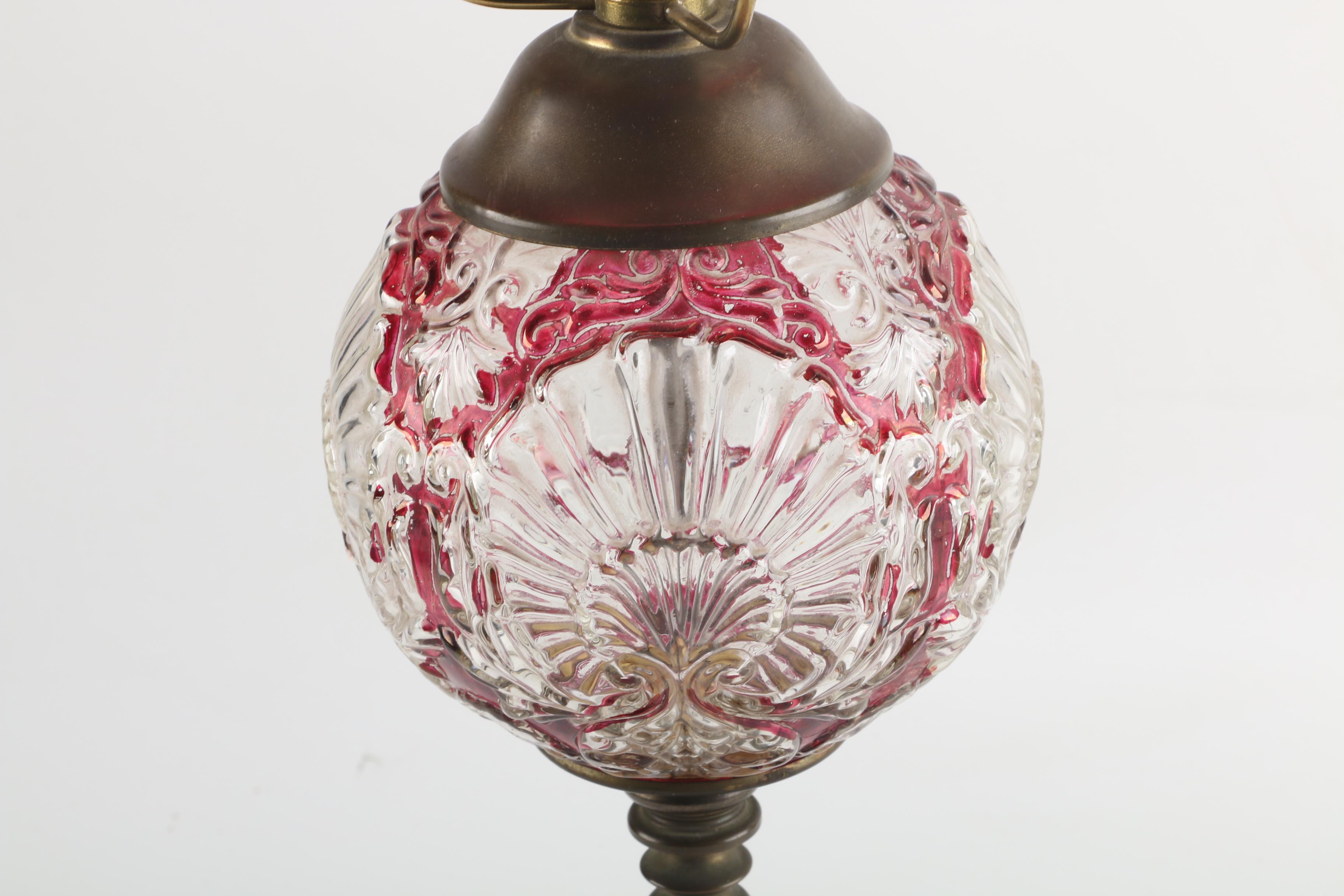 Vintage Converted Oil Lamp with Ruby Flashed Shade and Accented Font