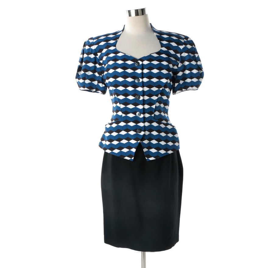 Women's 1980s Vintage Thierry Mugler of Paris Blue, Black and White Skirt Suit