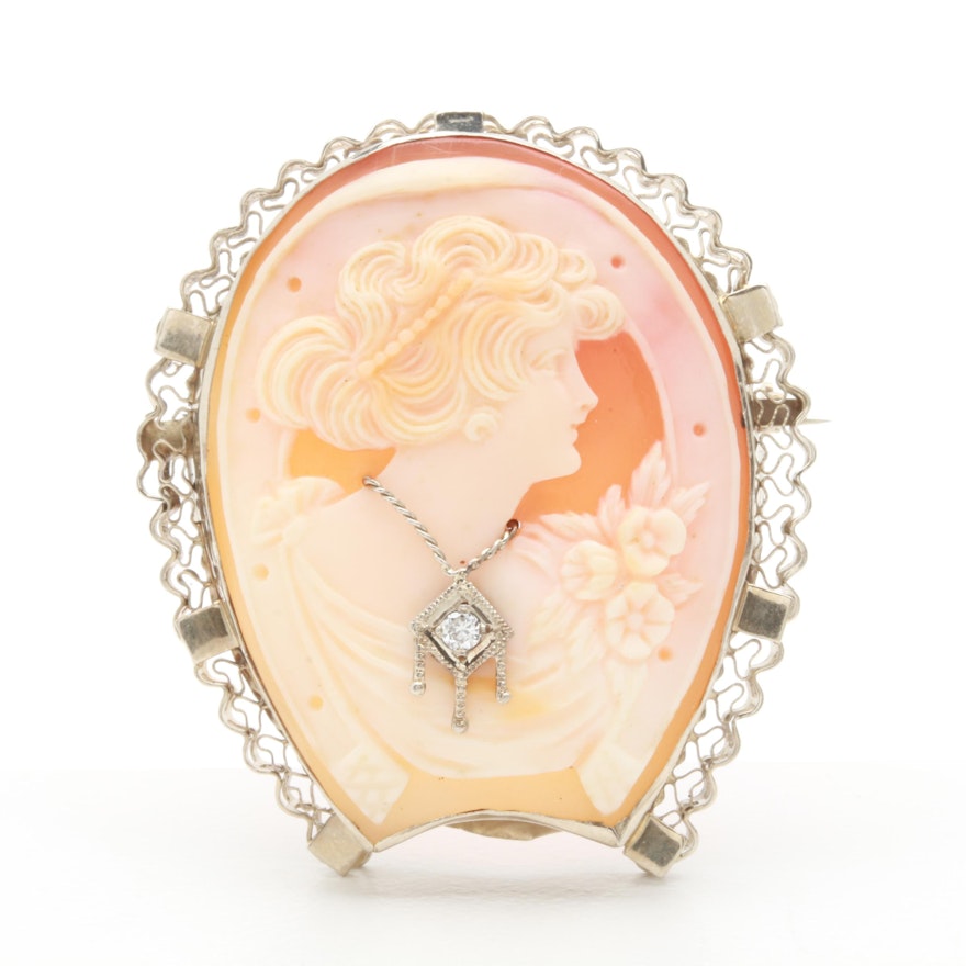 Vintage 14K White Gold Shell and Diamond Habillé Cameo Converter Brooch