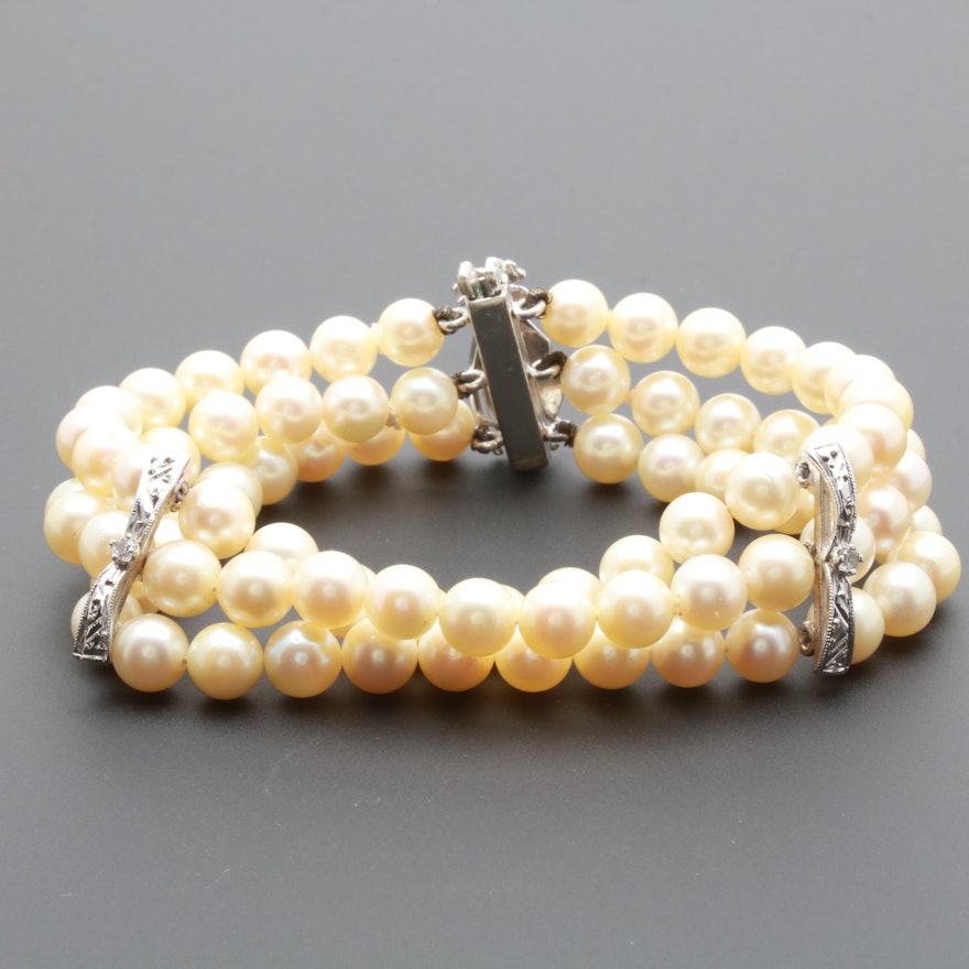 Vintage Cultured Pearl and White Topaz Multi-Strand Bracelet