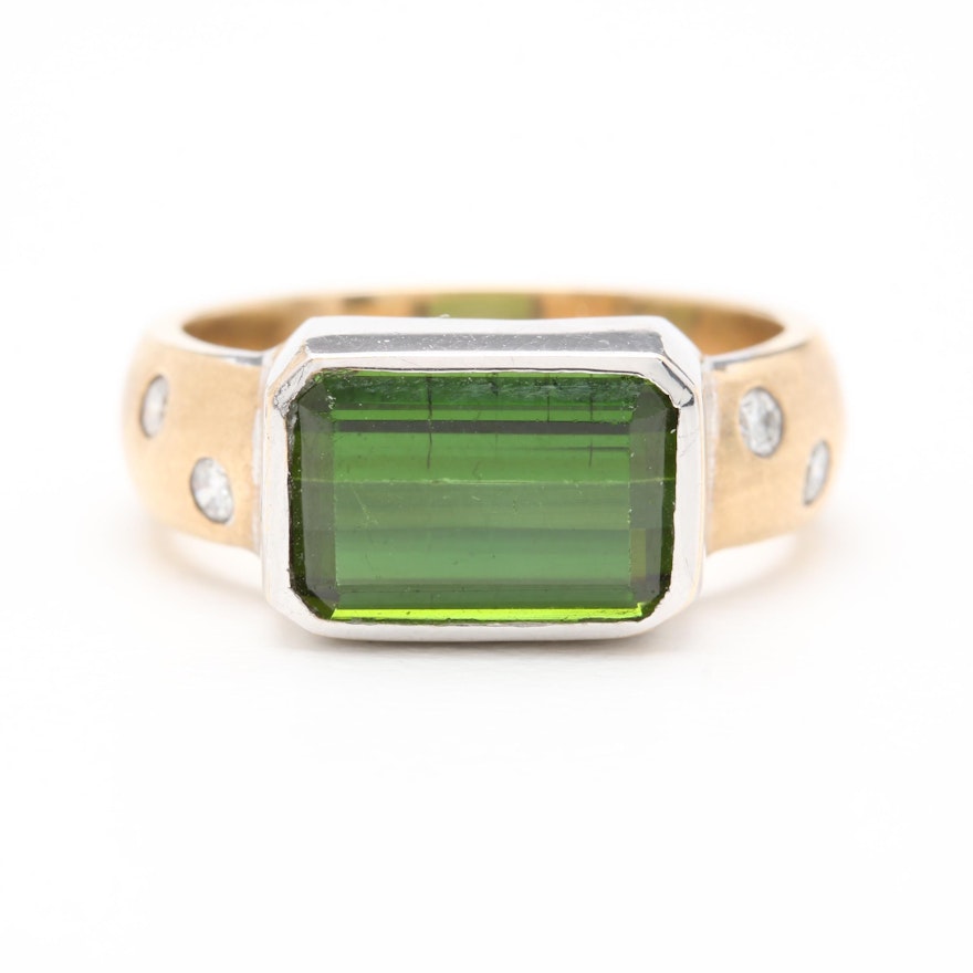 14K Yellow and White Gold Green Tourmaline and Diamond Ring