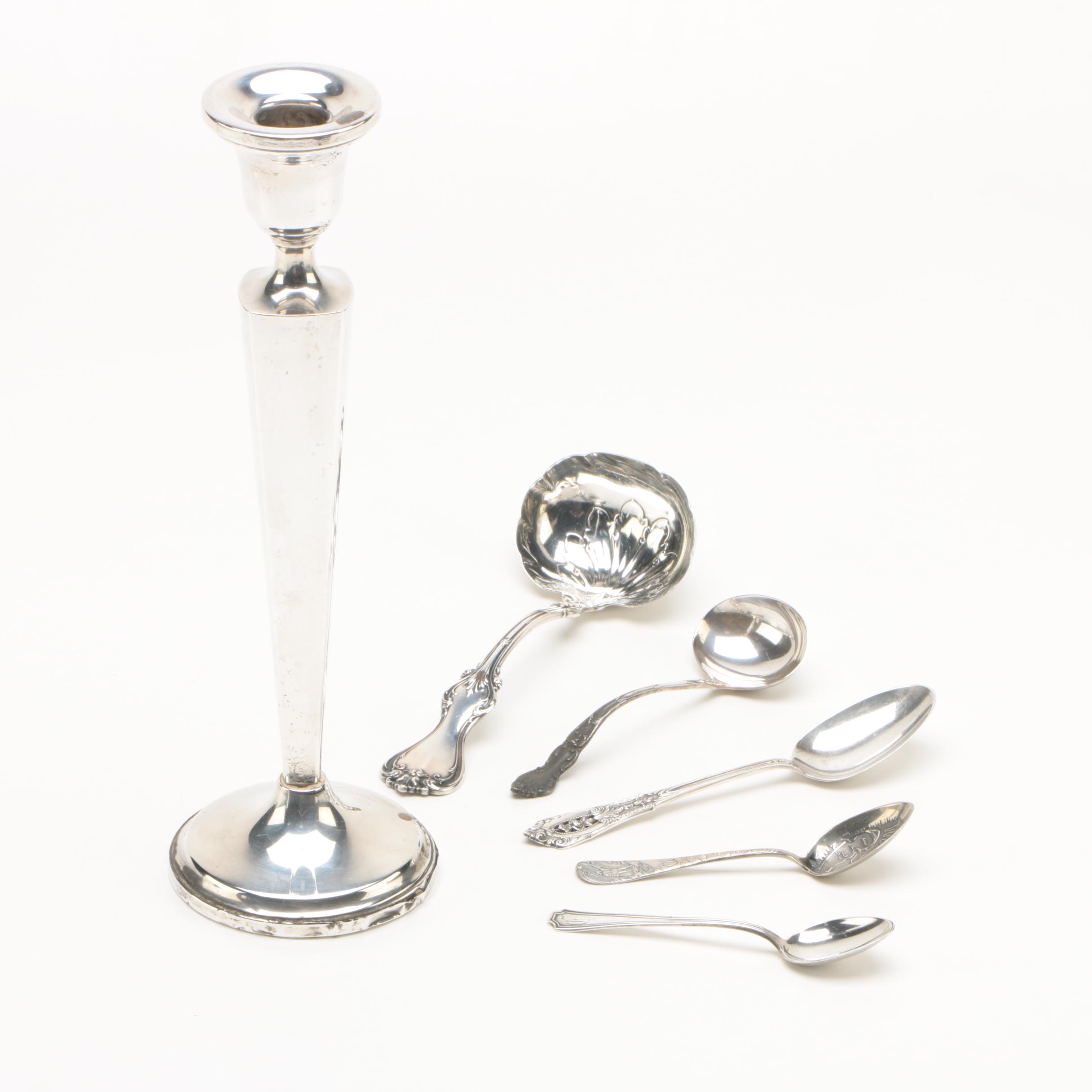 Revere Silversmiths Weighted Sterling Candlestick with Sterling Flatware