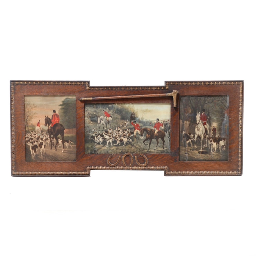 Antique Oak Framed Triptych Hunting Prints