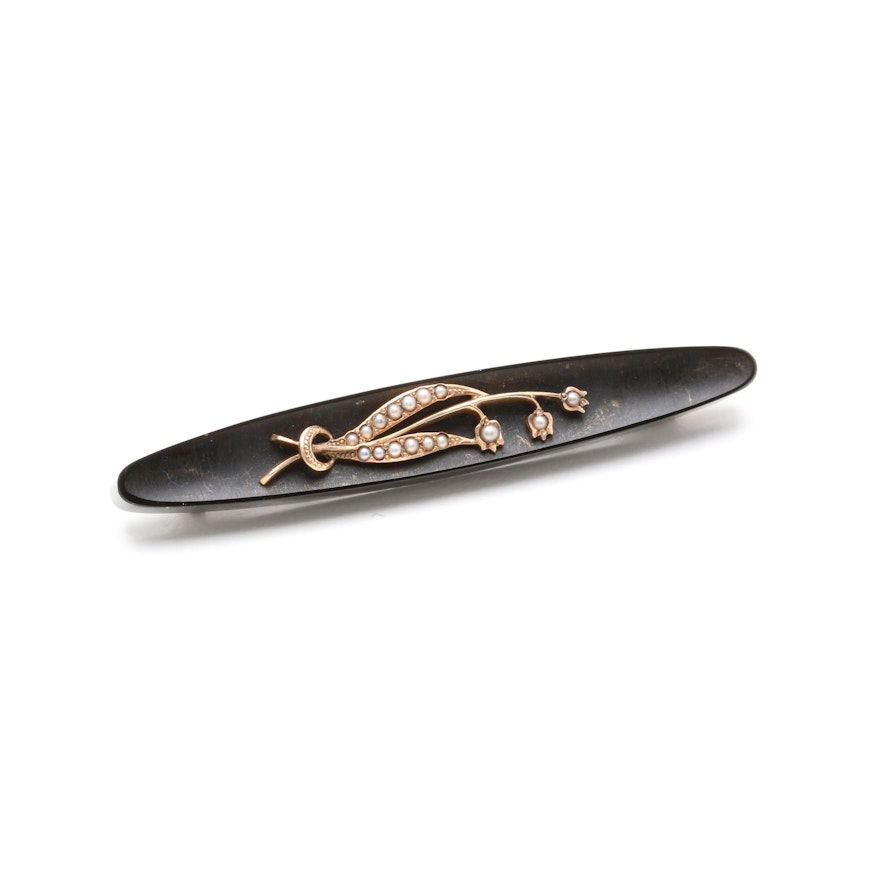 Victorian 14K Rose Gold Black Onyx and Pearl Mourning Brooch