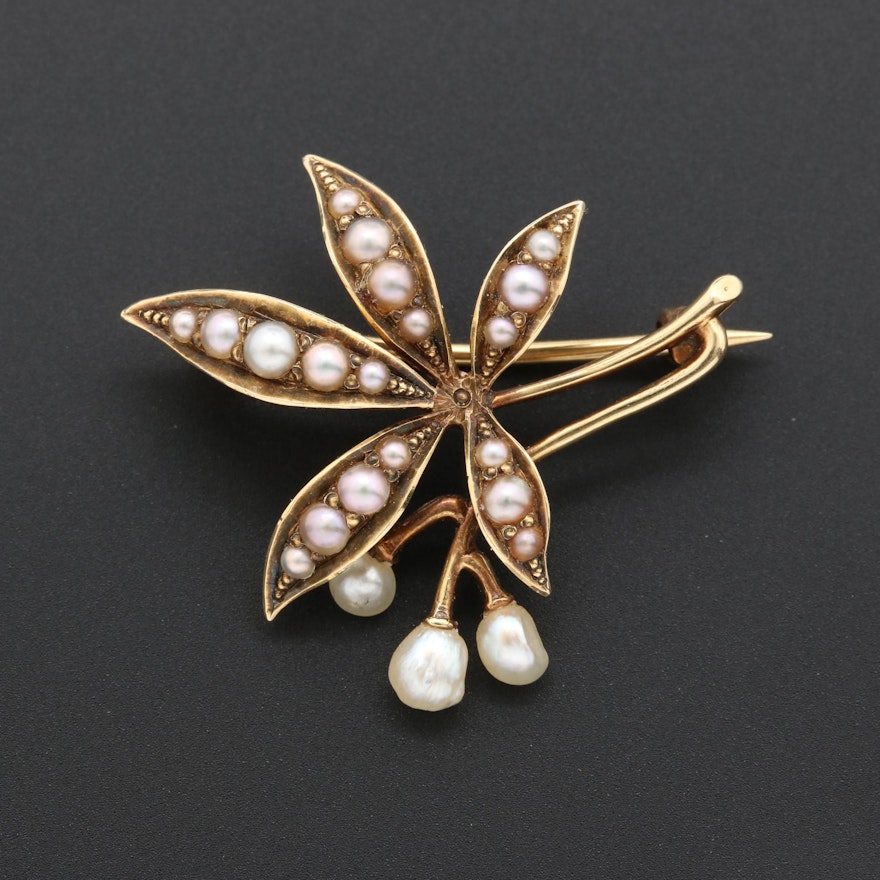 Victorian 14K Yellow Gold Pearl Brooch