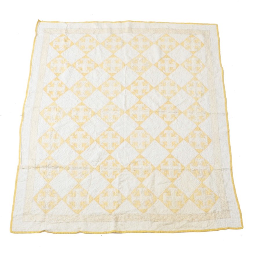 Vintage Cotton and Yellow Diamond Patchwork Quilt