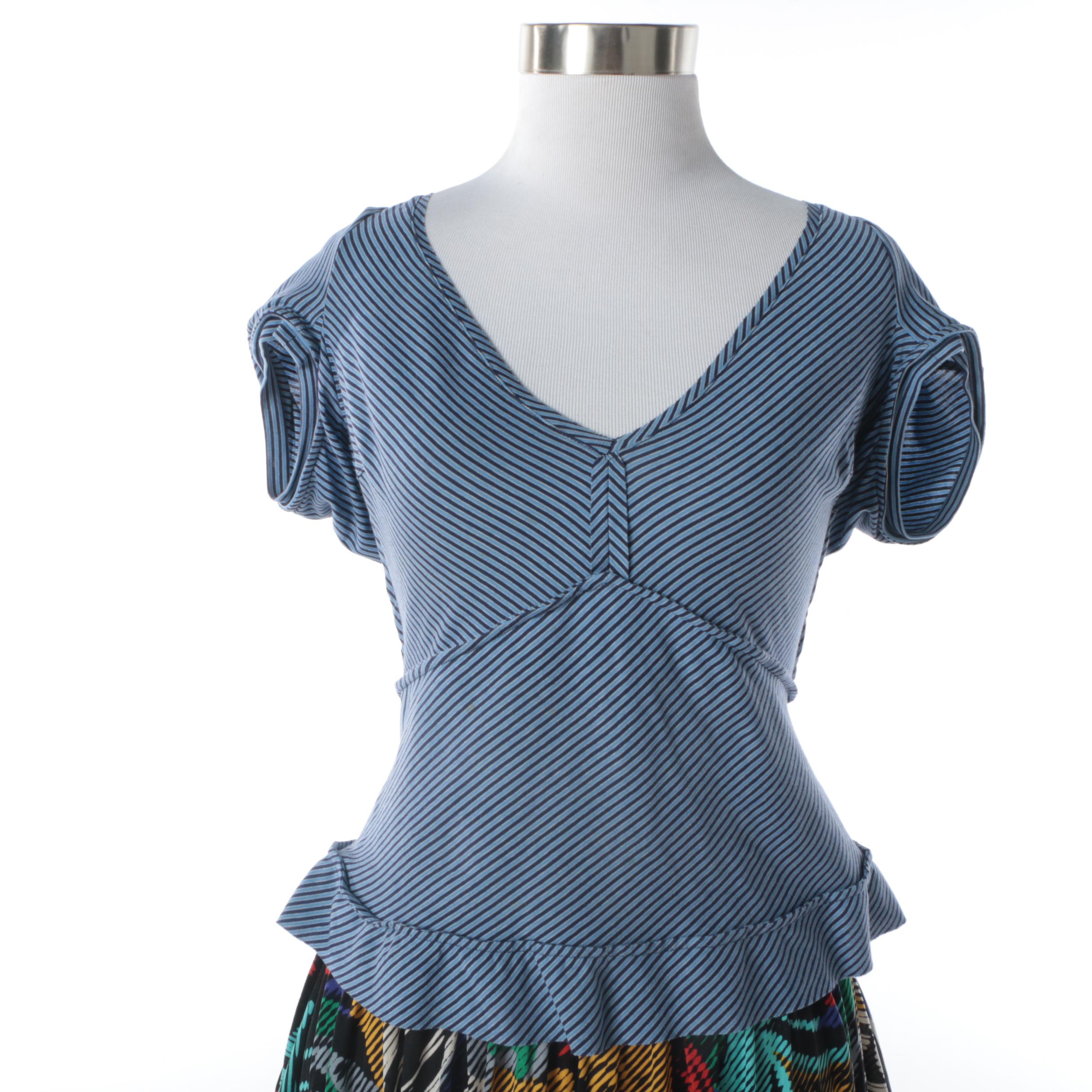 Prada Blue Striped V-Neck Top and Missoni Multicolor Silk Floral Print Skirt