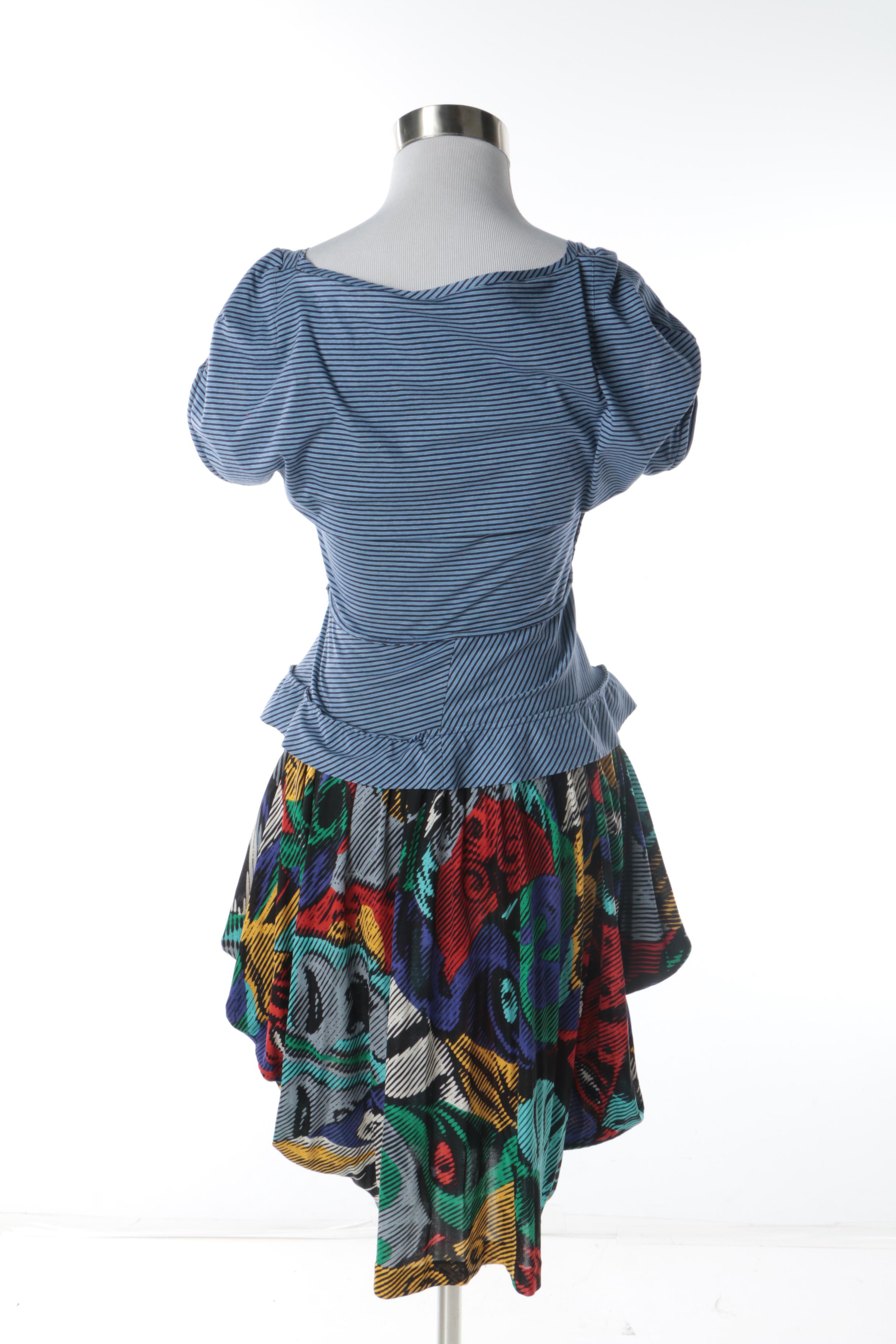 Prada Blue Striped V-Neck Top and Missoni Multicolor Silk Floral Print Skirt