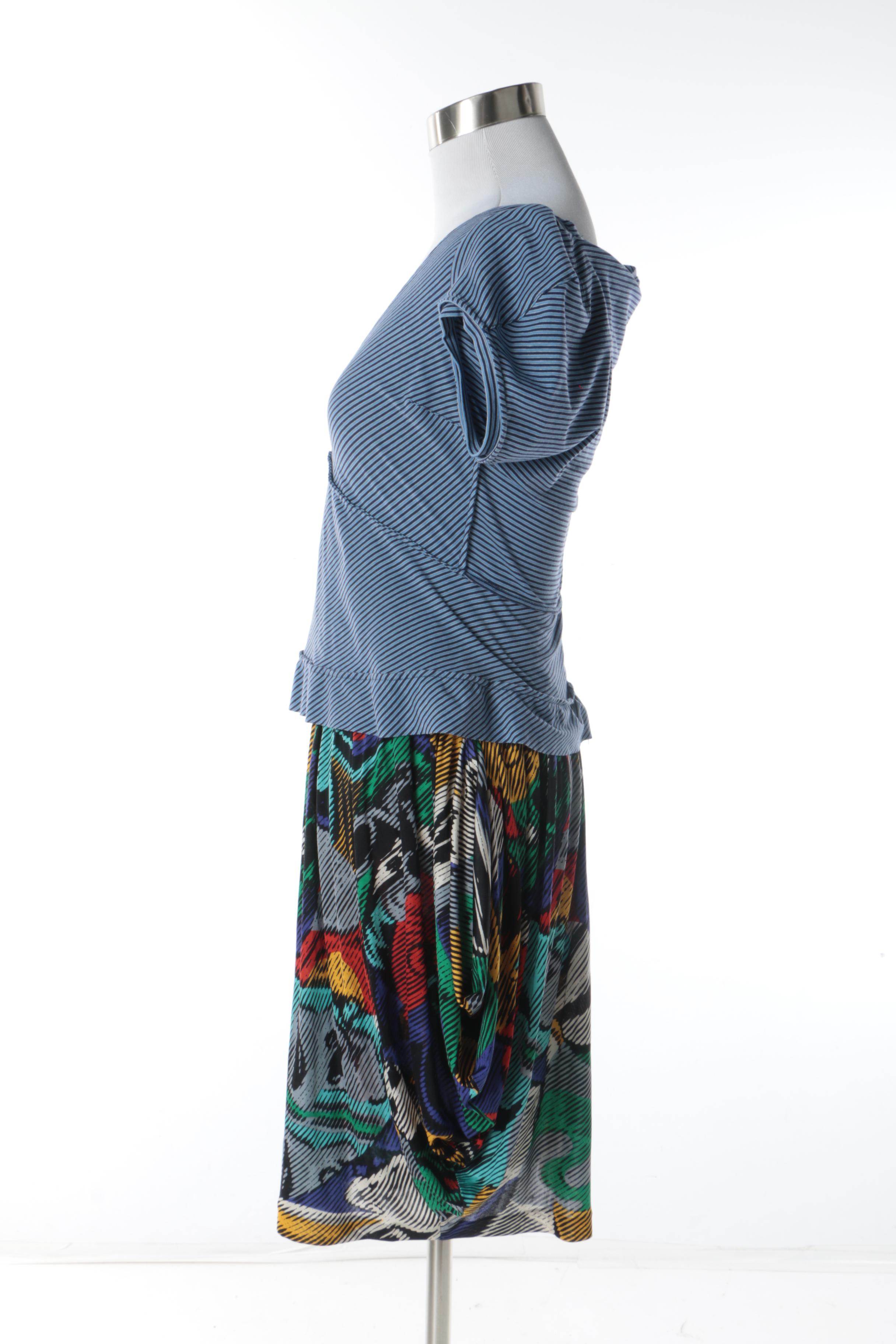 Prada Blue Striped V-Neck Top and Missoni Multicolor Silk Floral Print Skirt