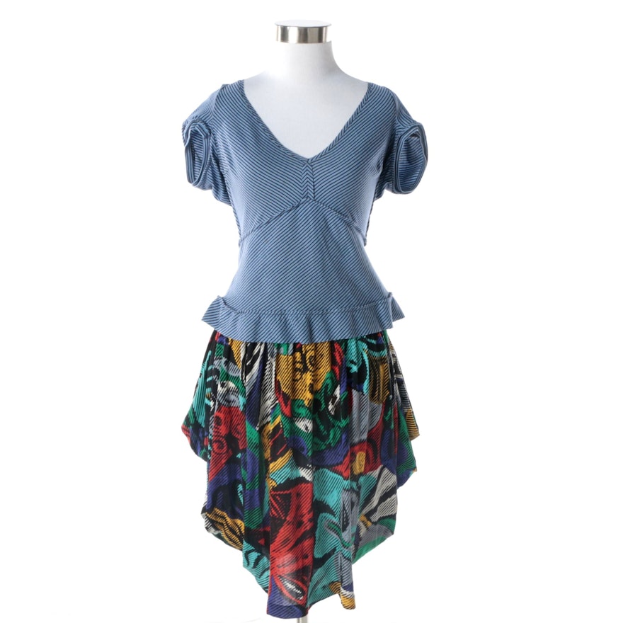 Prada Blue Striped V-Neck Top and Missoni Multicolor Silk Floral Print Skirt