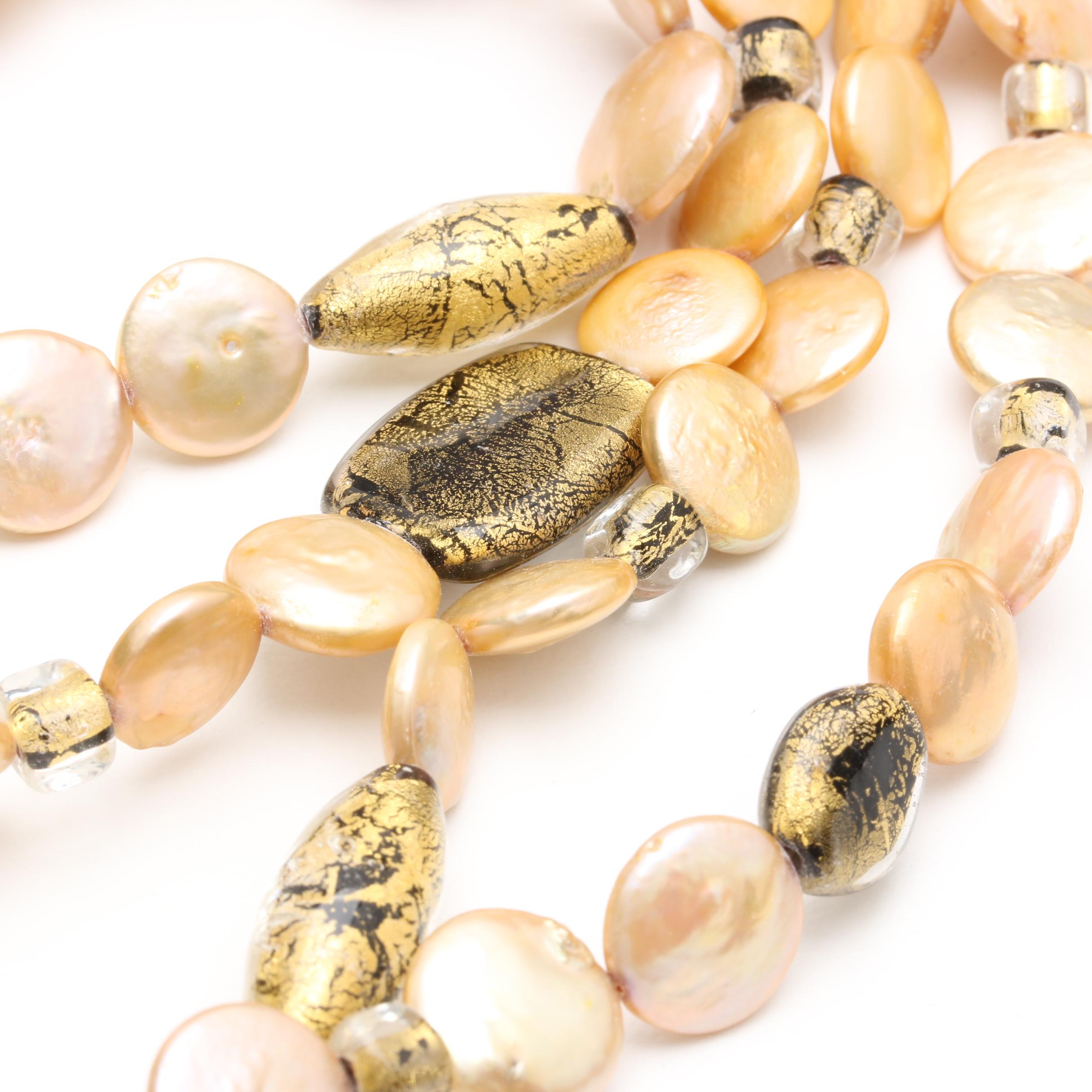 Glass and Cultured Dyed Coin Pearl Necklace