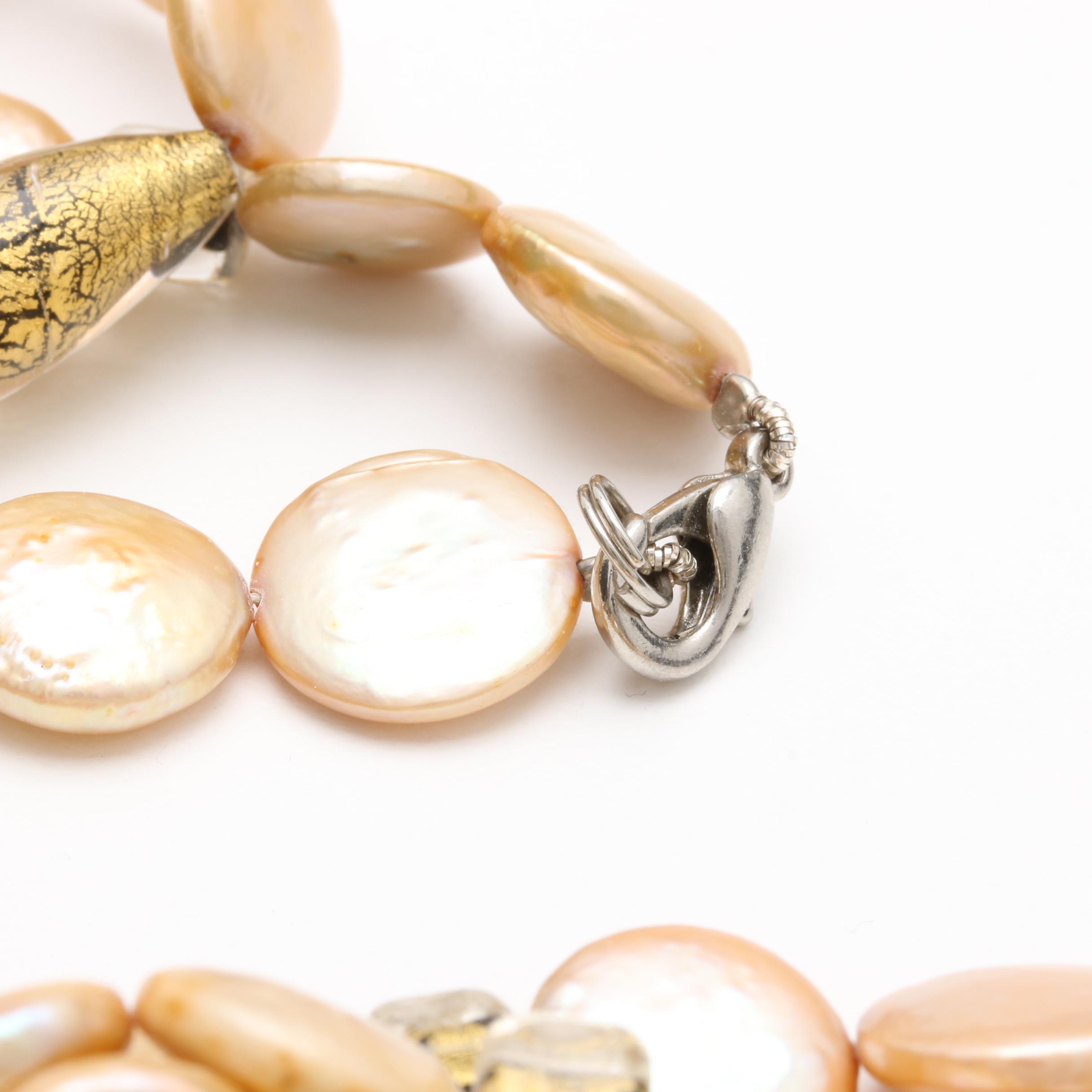 Glass and Cultured Dyed Coin Pearl Necklace