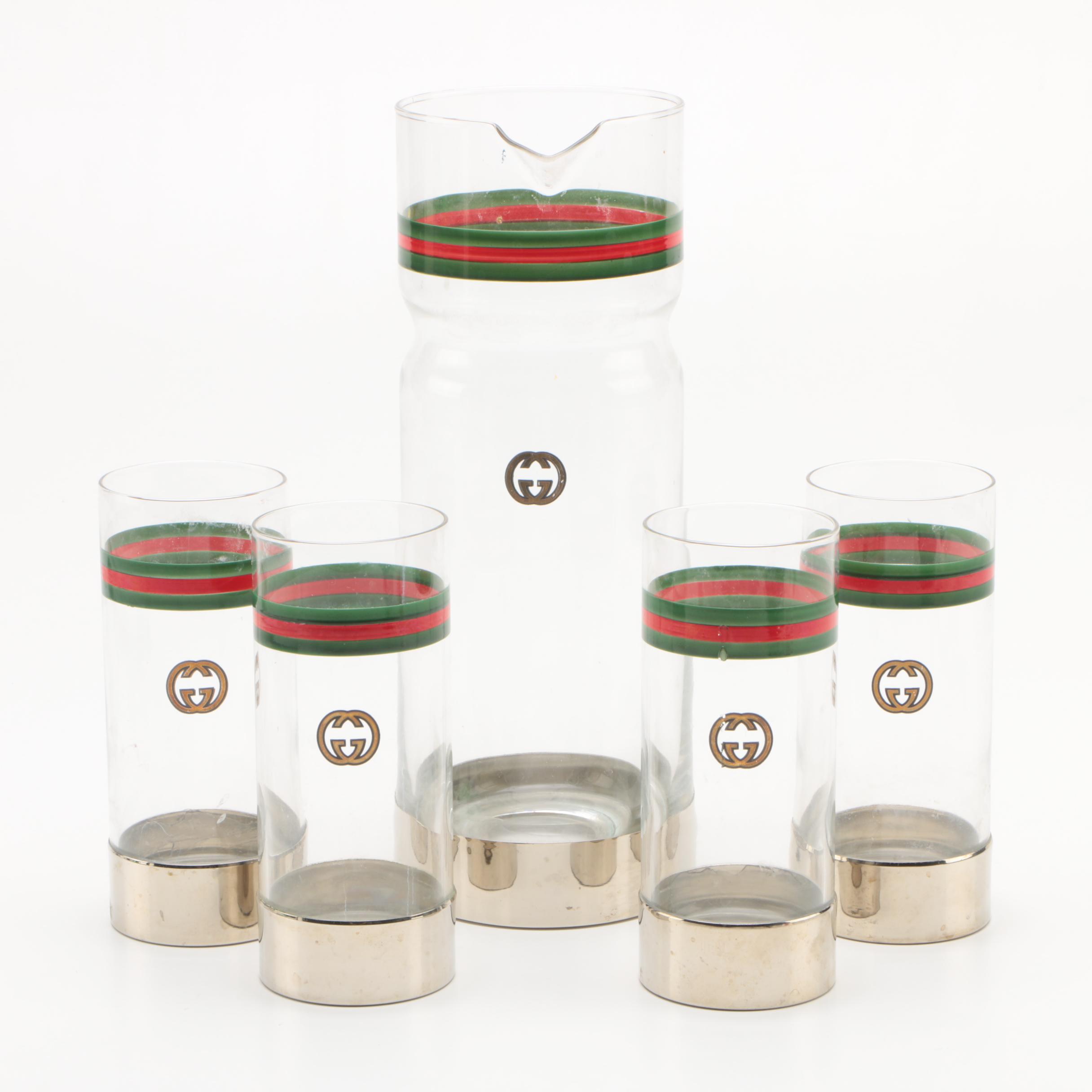Vintage Gucci Silver Plate and Glass Cocktail Pitcher and Highball Glasses