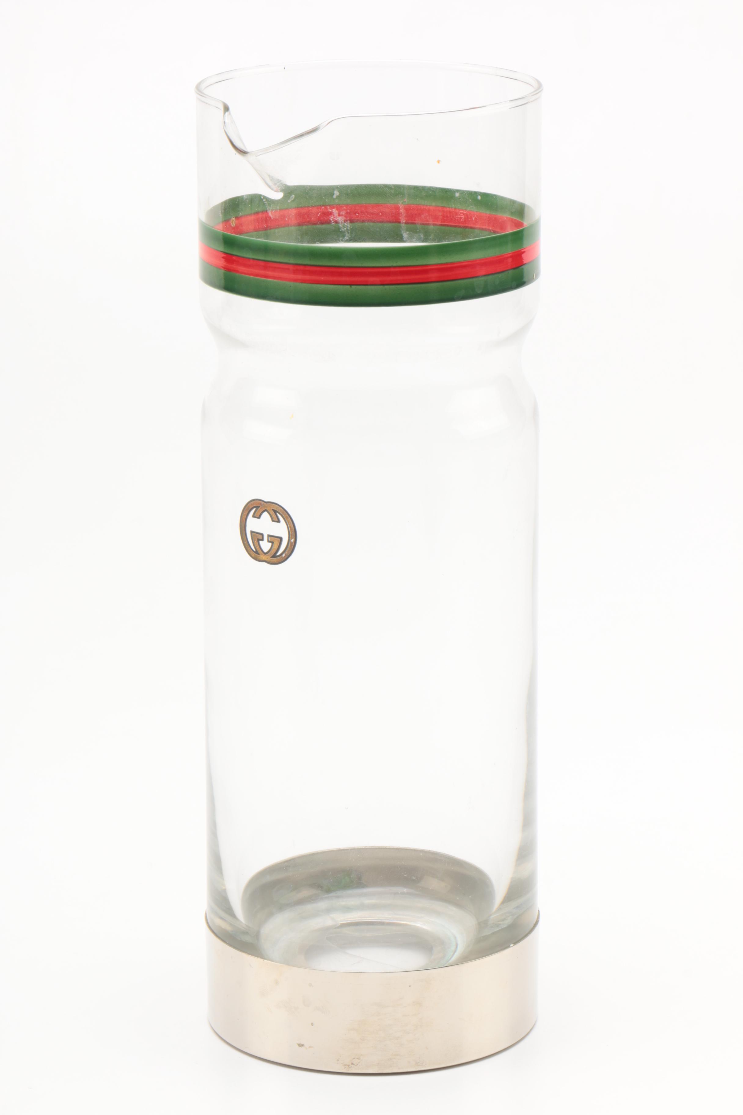 Vintage Gucci Silver Plate and Glass Cocktail Pitcher and Highball Glasses