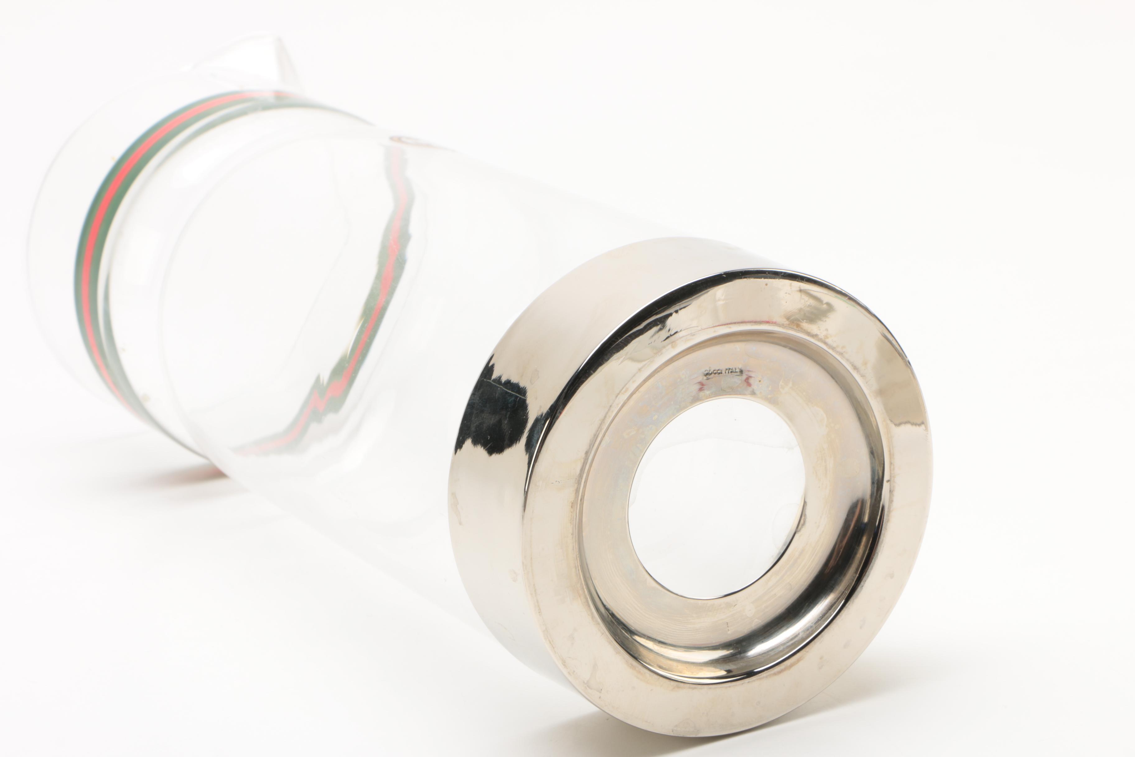 Vintage Gucci Silver Plate and Glass Cocktail Pitcher and Highball Glasses