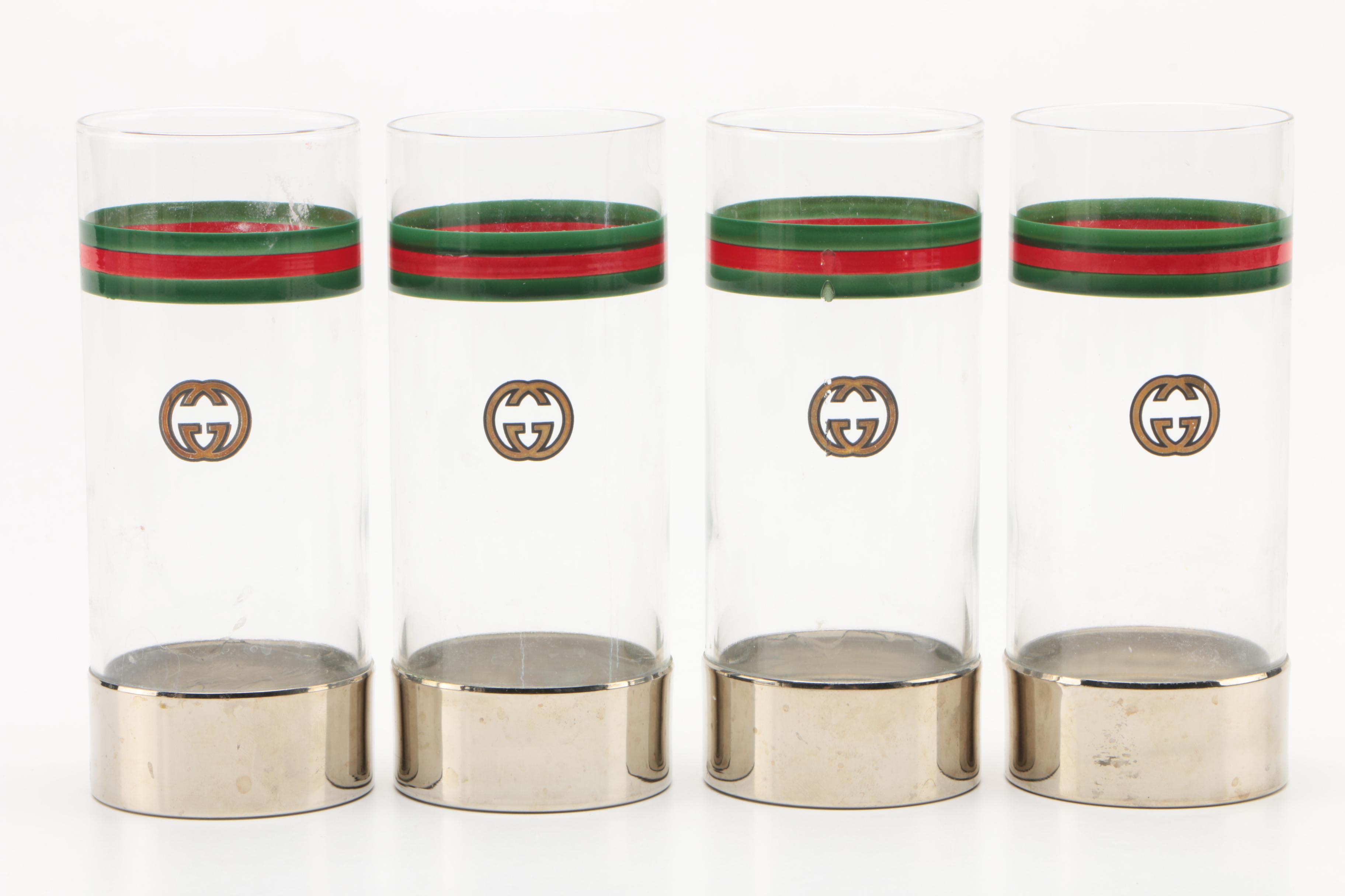 Vintage Gucci Silver Plate and Glass Cocktail Pitcher and Highball Glasses