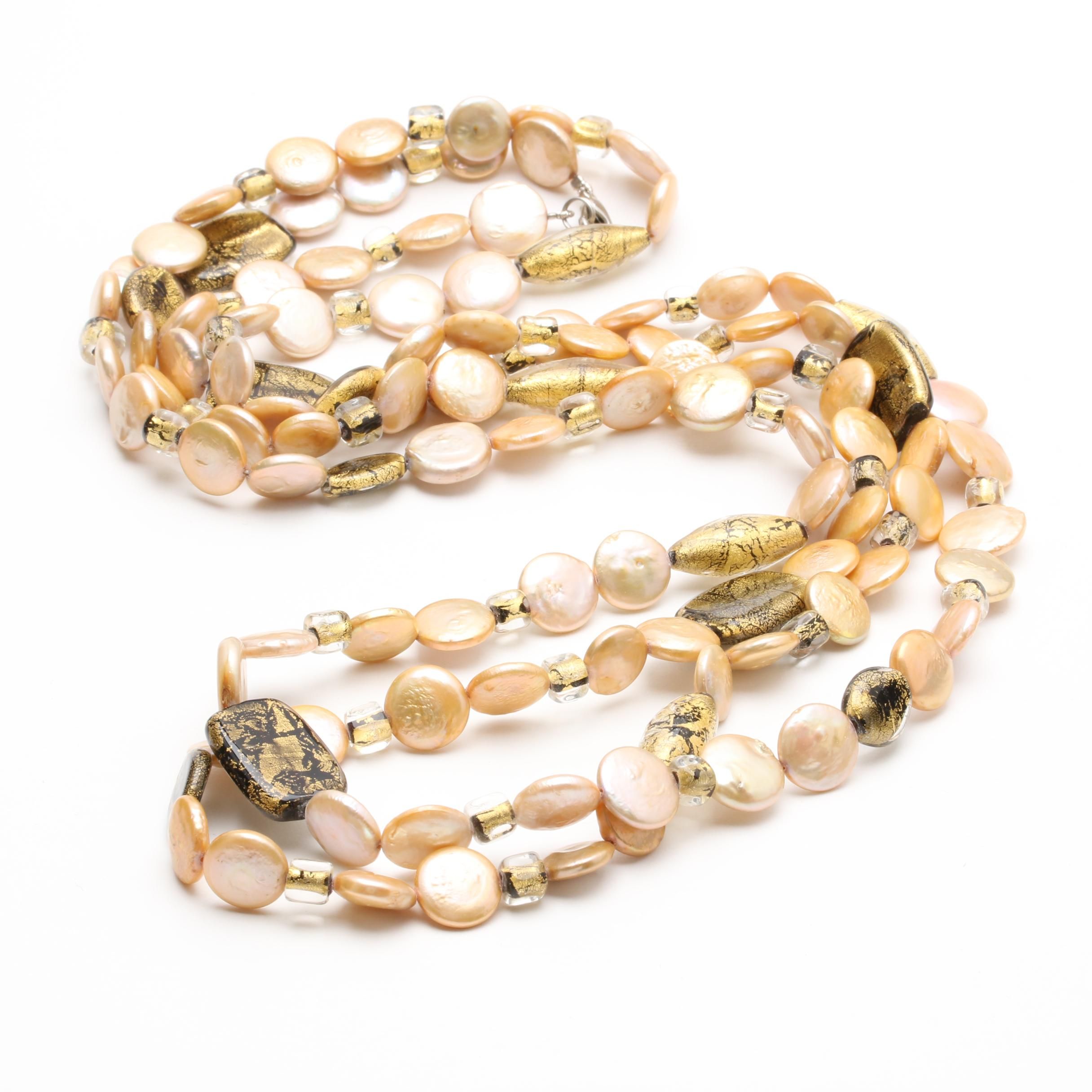 Glass and Cultured Dyed Coin Pearl Necklace