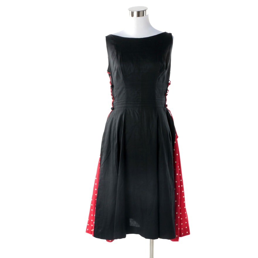 1950s Retro Vintage Black Cotton and Red Polka Dot Swing Dress with Lace-Ups