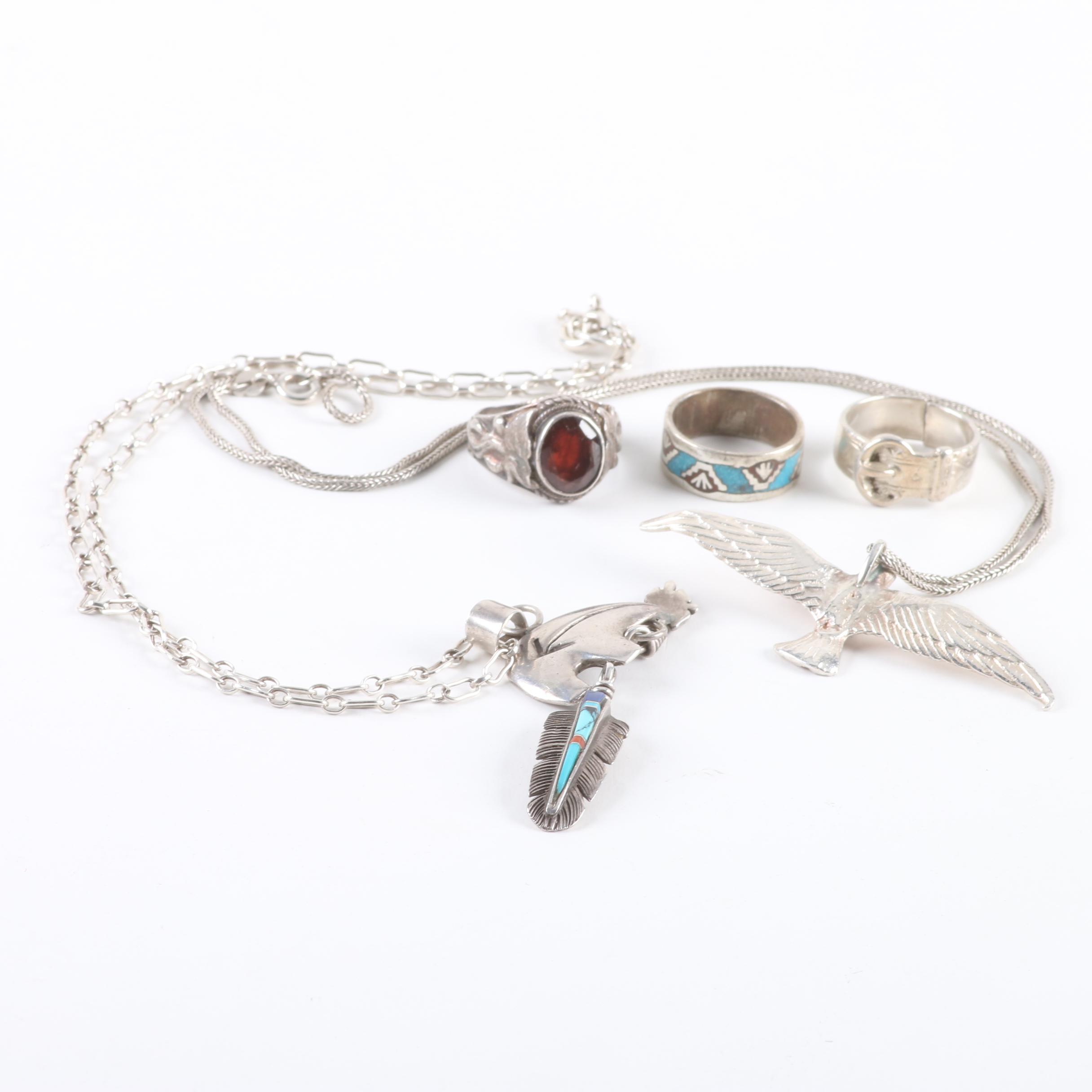 Southwestern Style Sterling Silver Garnet, Coral, and Lapis Lazuli Jewelry