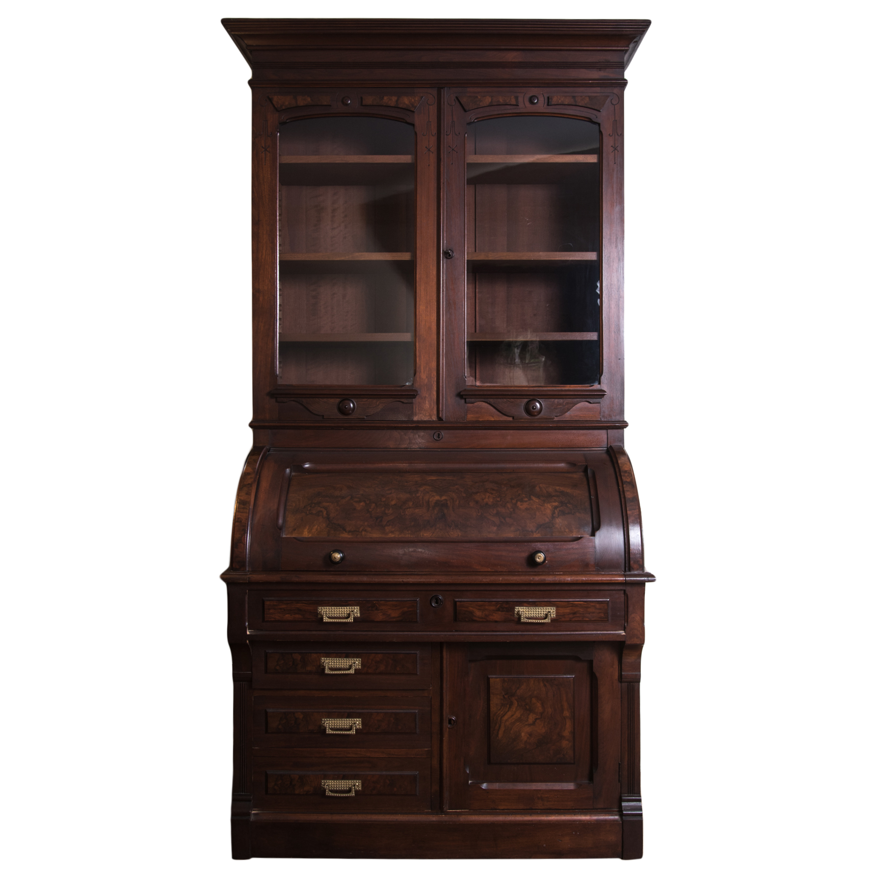 Antique Victorian Renaissance Revival Walnut Cylinder Secretary Desk