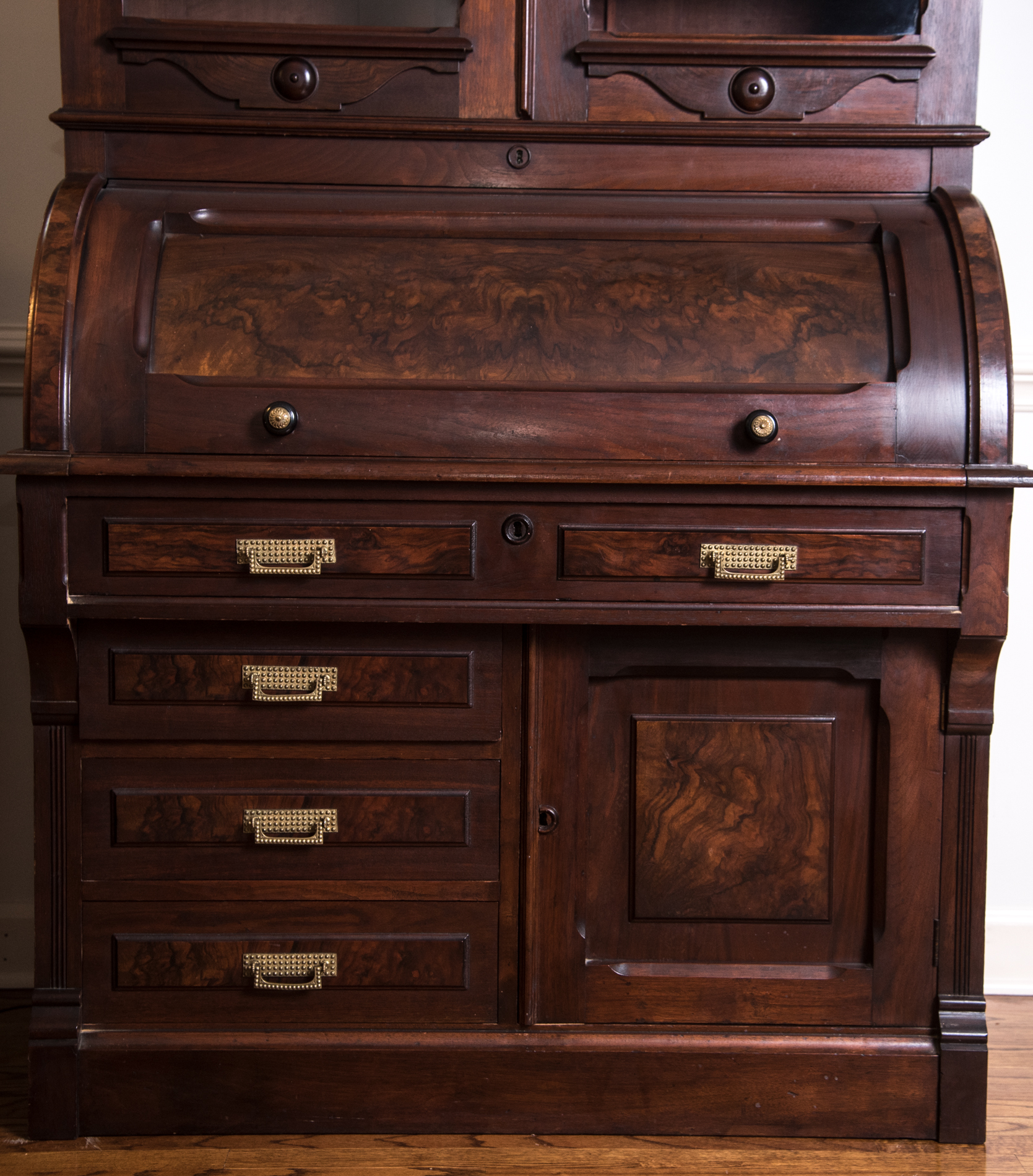Antique Victorian Renaissance Revival Walnut Cylinder Secretary Desk