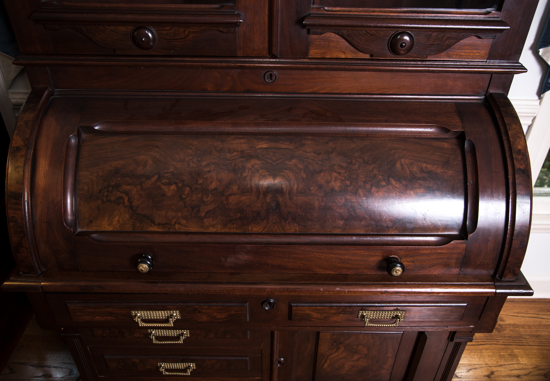 Antique Victorian Renaissance Revival Walnut Cylinder Secretary Desk