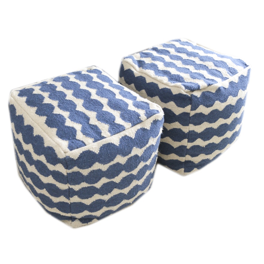 Blue and White Fabric Cube Poufs