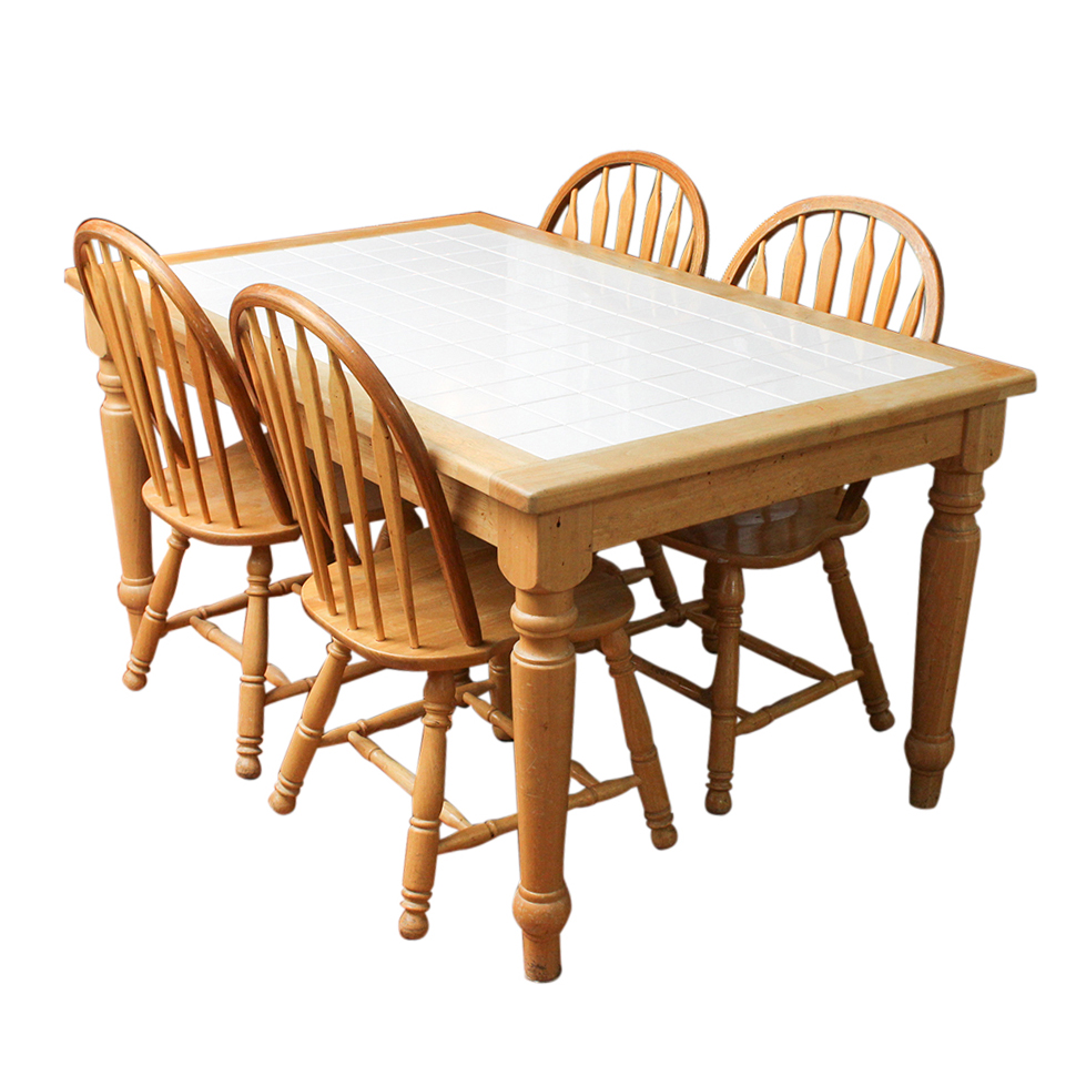 French Country Style Ceramic Tile Dining Table and Four Windsor Chairs