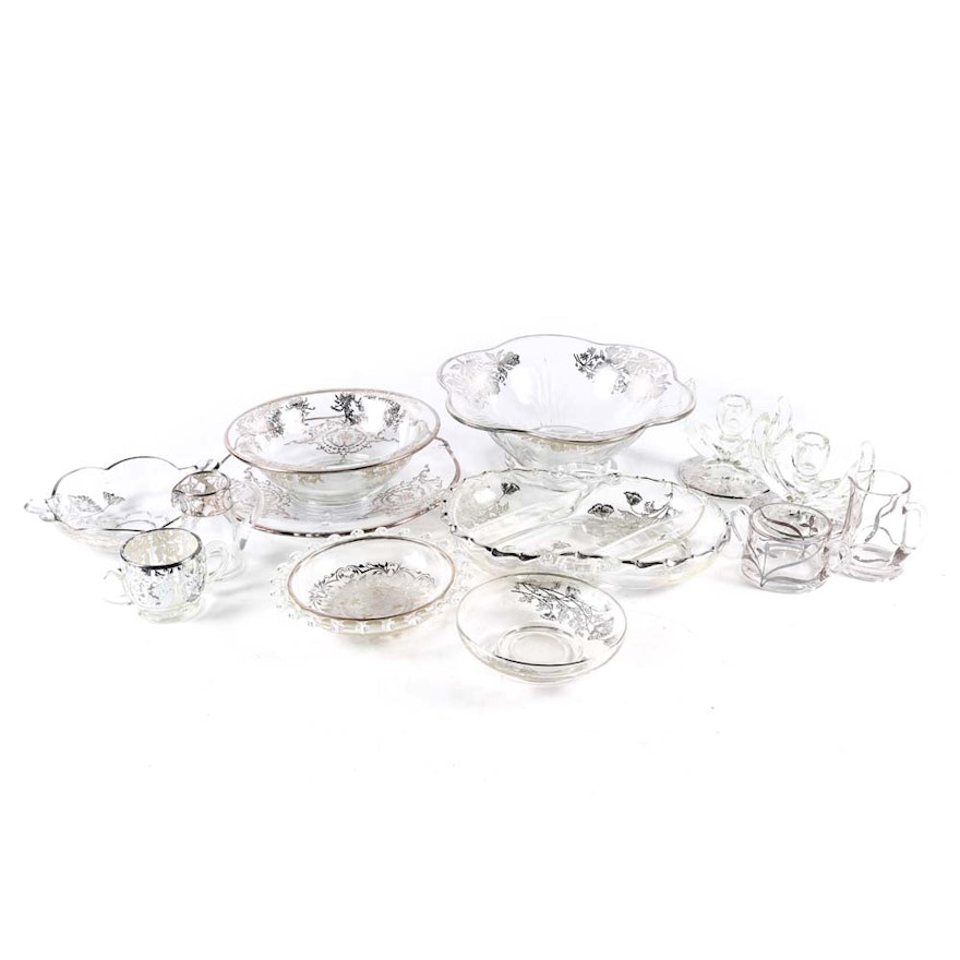 Collection of Glass Tableware with Silver Tone Overlay