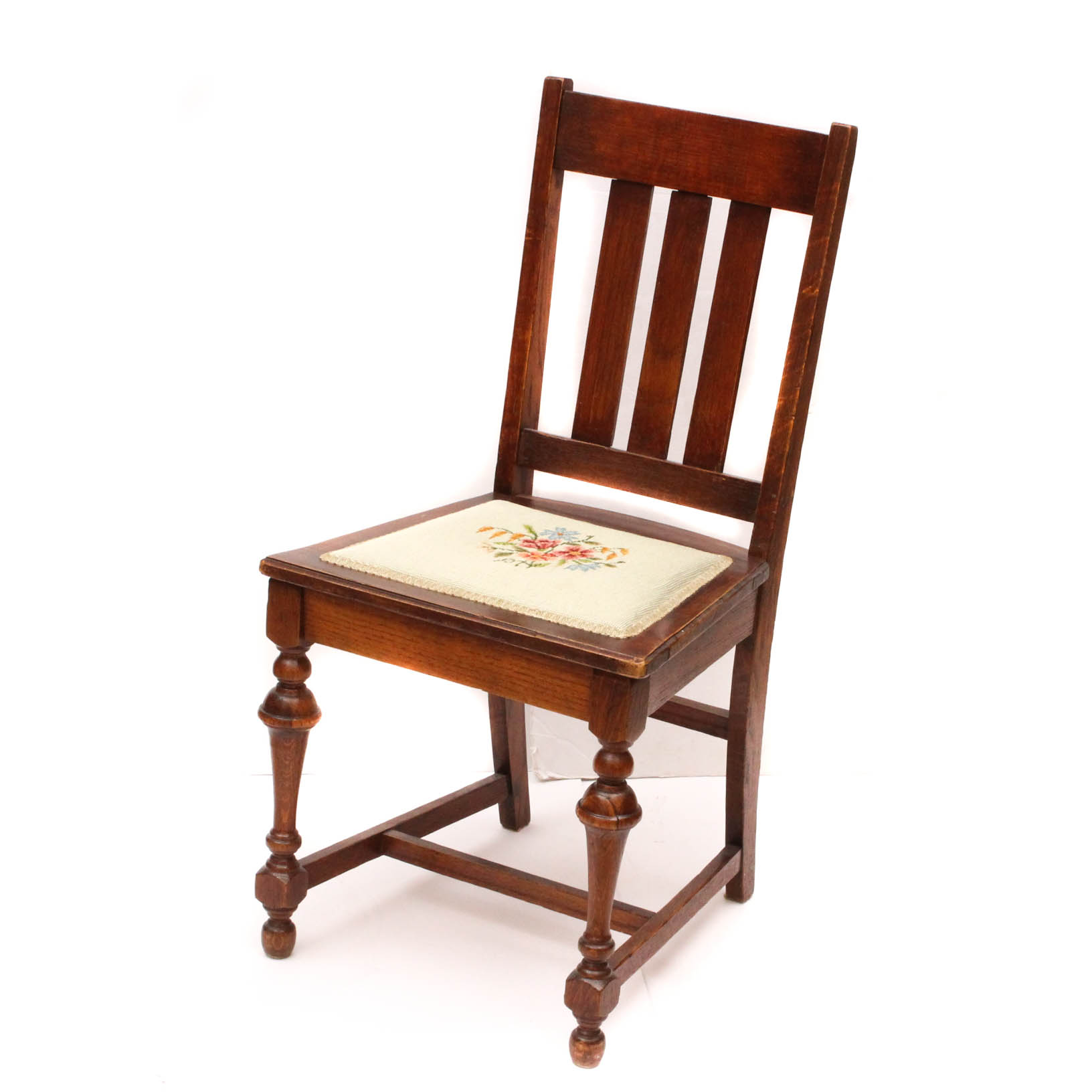 Vintage Oak Side Chair with Needlepoint Seat