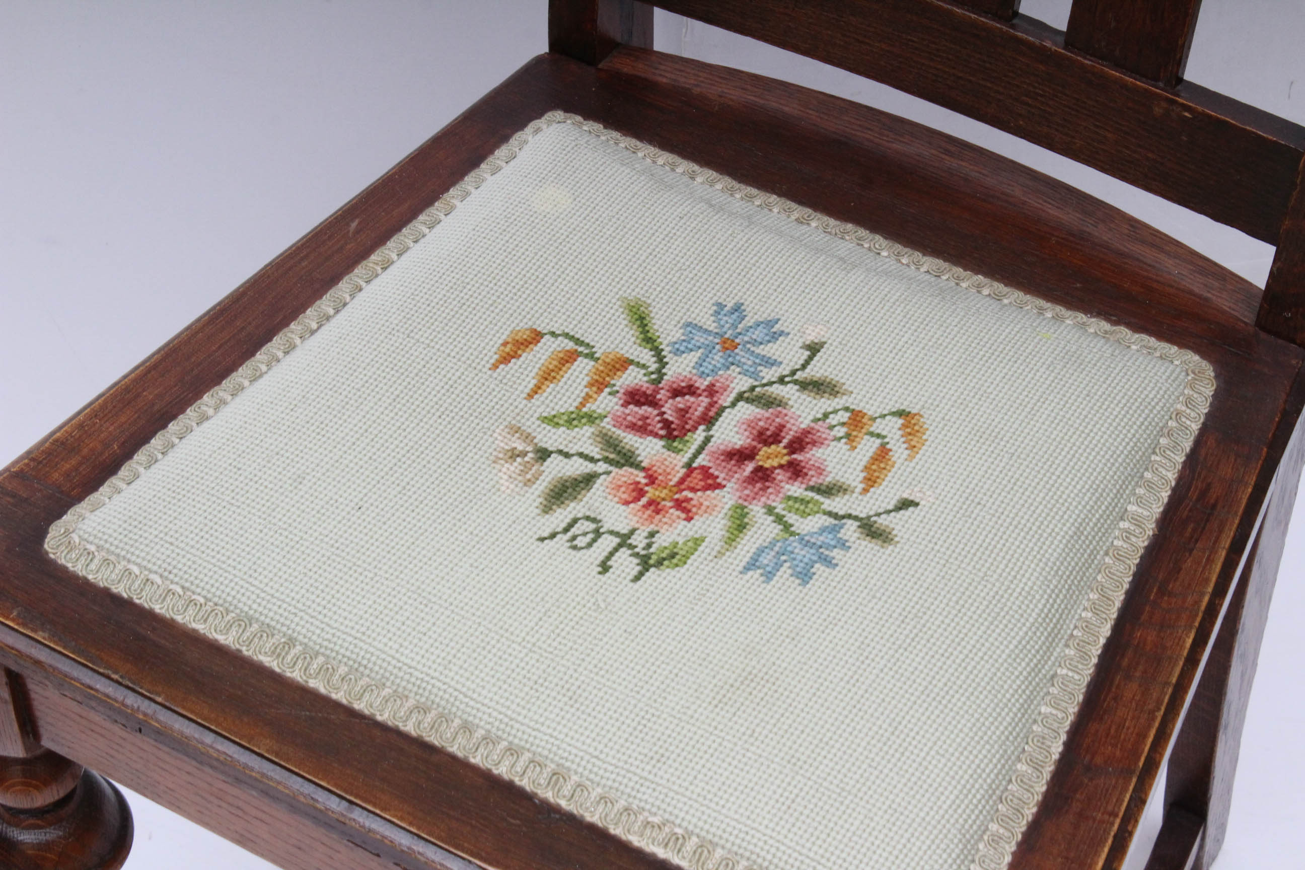 Vintage Oak Side Chair with Needlepoint Seat