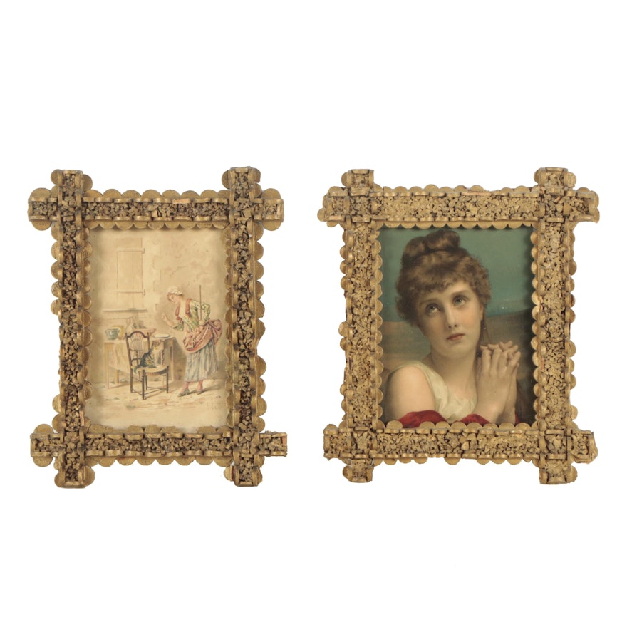 Two Chromolithograph Prints In Tramp Art Frames