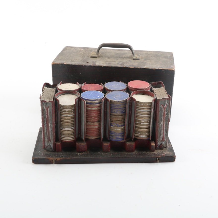 Antique Paper Poker Chips with Card Decks and Wooden Box