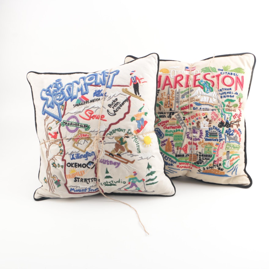 Catstudio "Charleston" and "Ski Vermont" Hand-Embroidered Accent Pillows