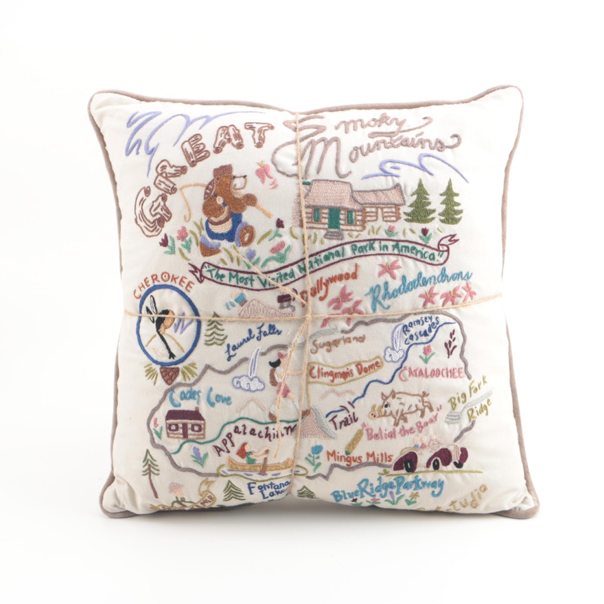 Catstudio "Great Smokey Mountains" Hand-Embroidered Cotton Accent Pillow