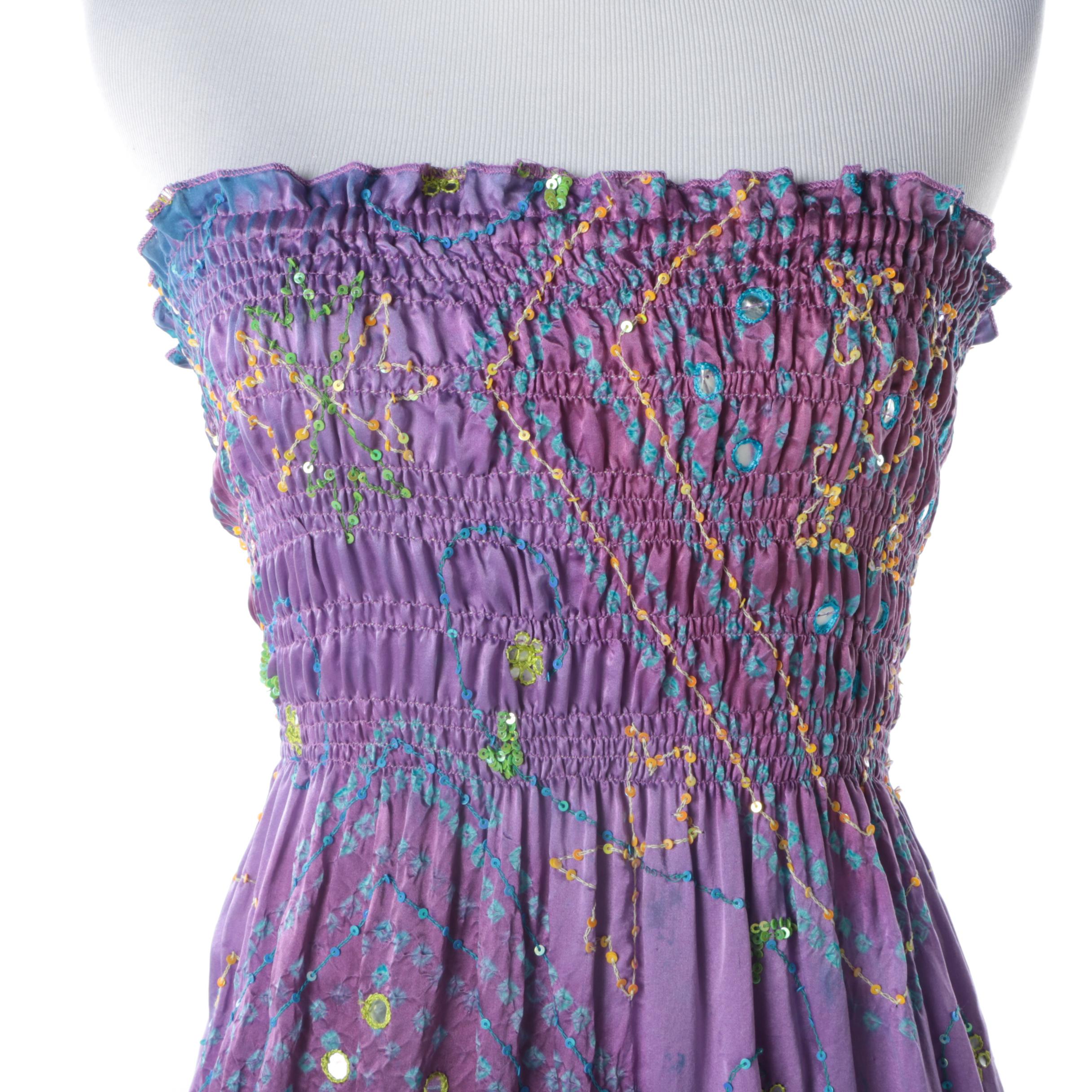 Seneca Moss Blue and Violet Silk Strapless Dress with Shisheh and Sequin Detail
