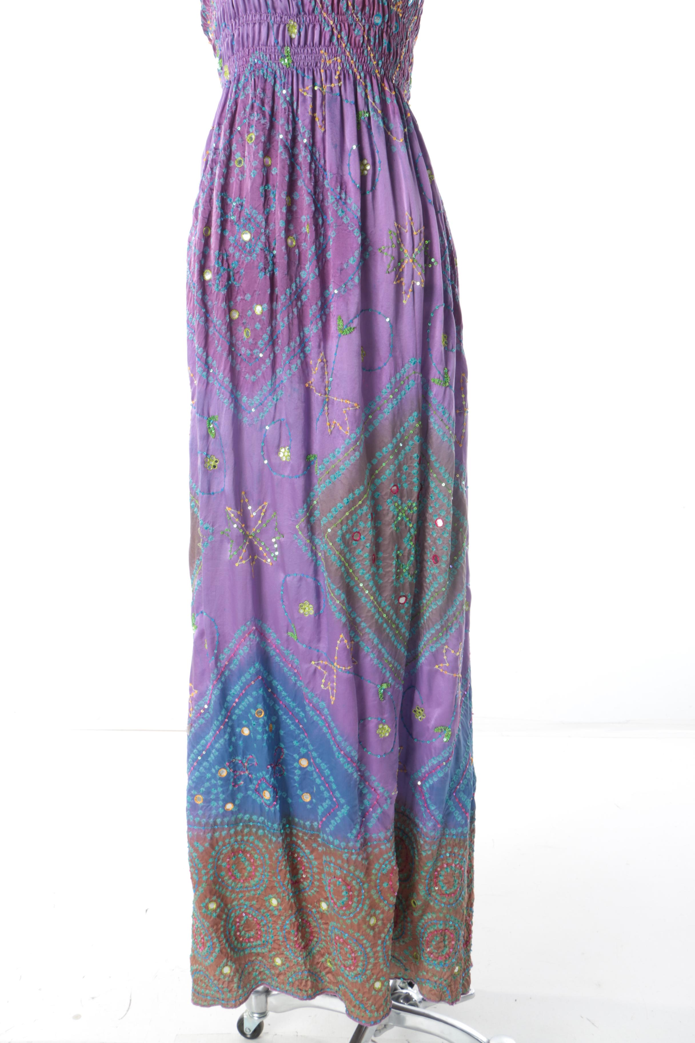 Seneca Moss Blue and Violet Silk Strapless Dress with Shisheh and Sequin Detail
