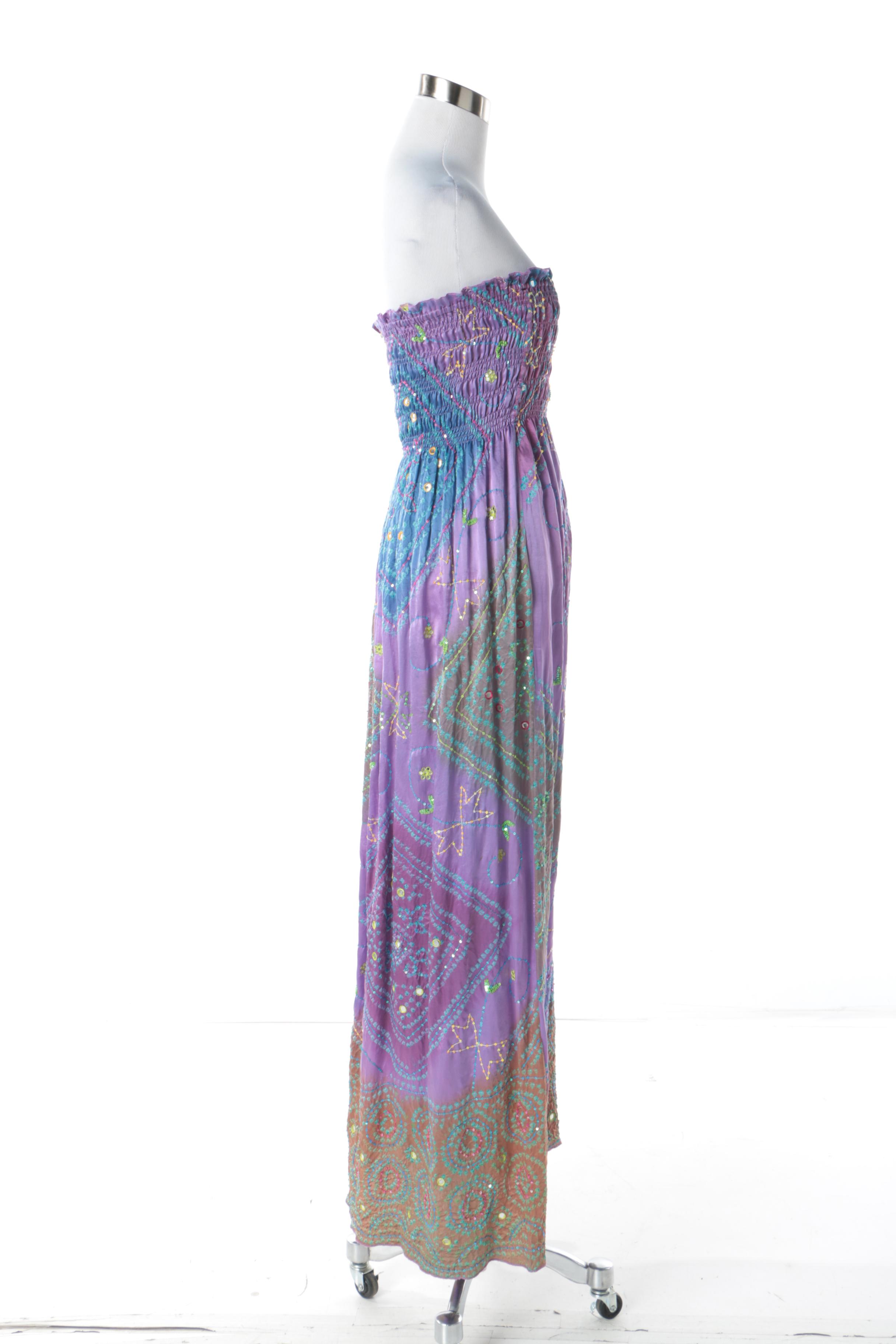 Seneca Moss Blue and Violet Silk Strapless Dress with Shisheh and Sequin Detail