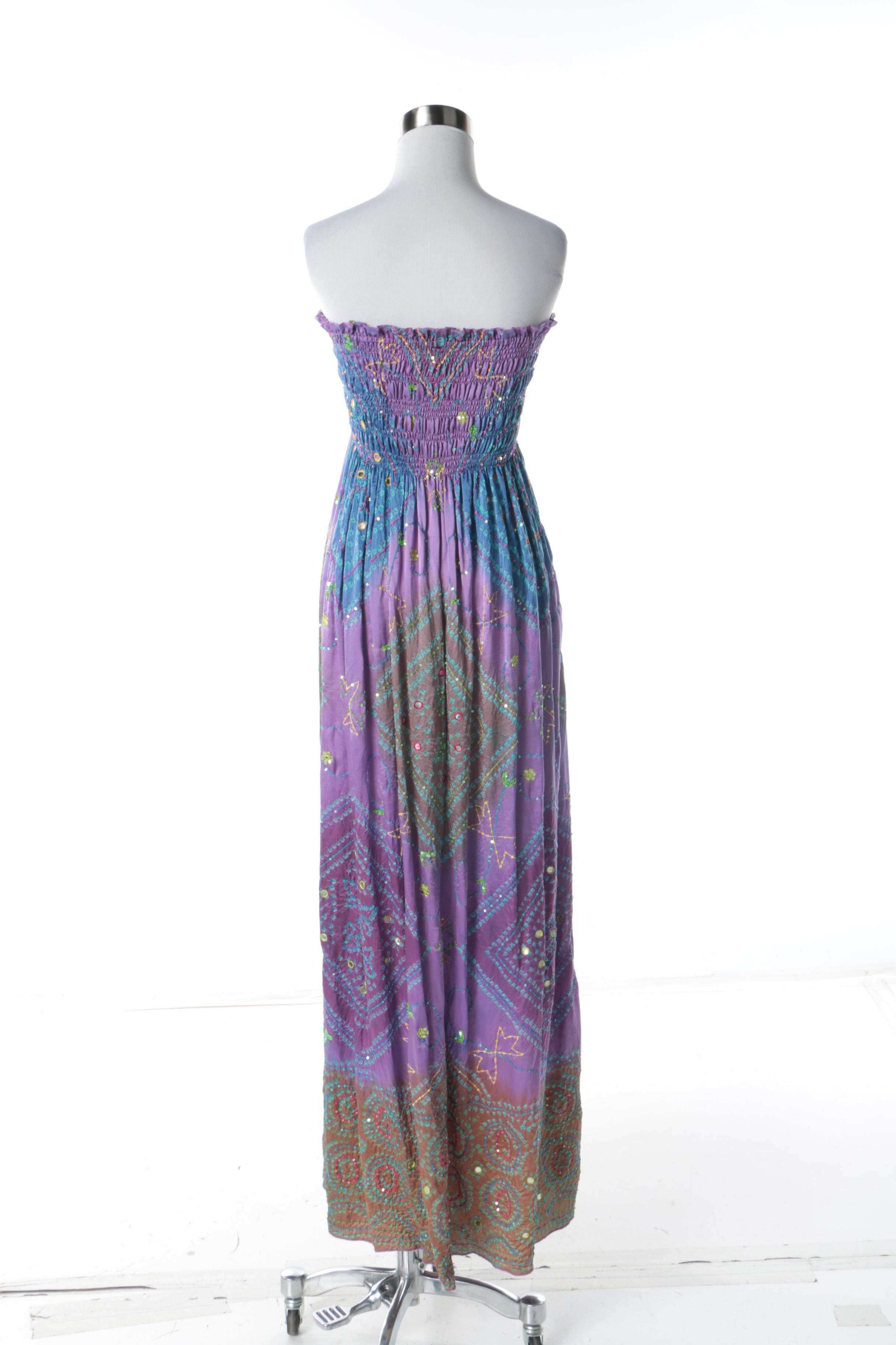 Seneca Moss Blue and Violet Silk Strapless Dress with Shisheh and Sequin Detail