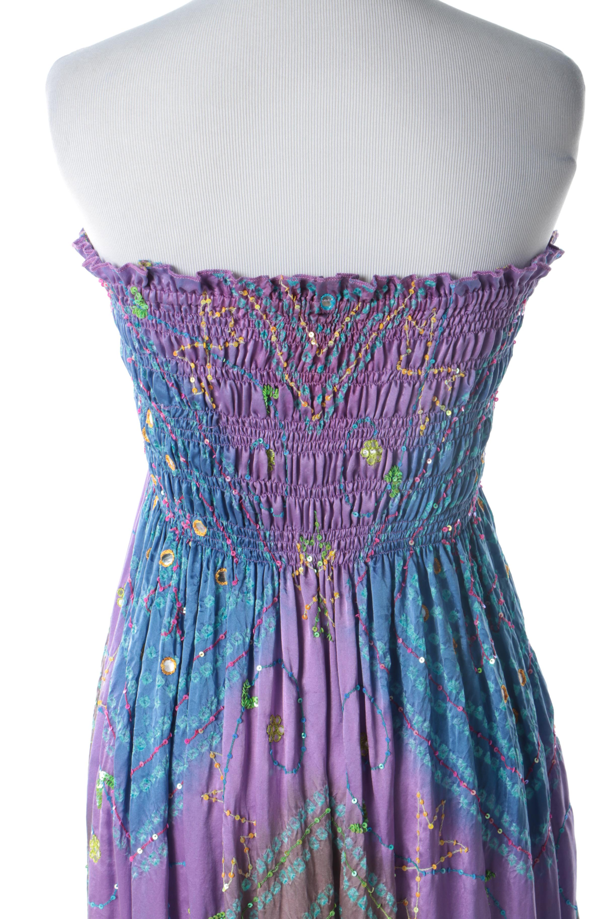 Seneca Moss Blue and Violet Silk Strapless Dress with Shisheh and Sequin Detail