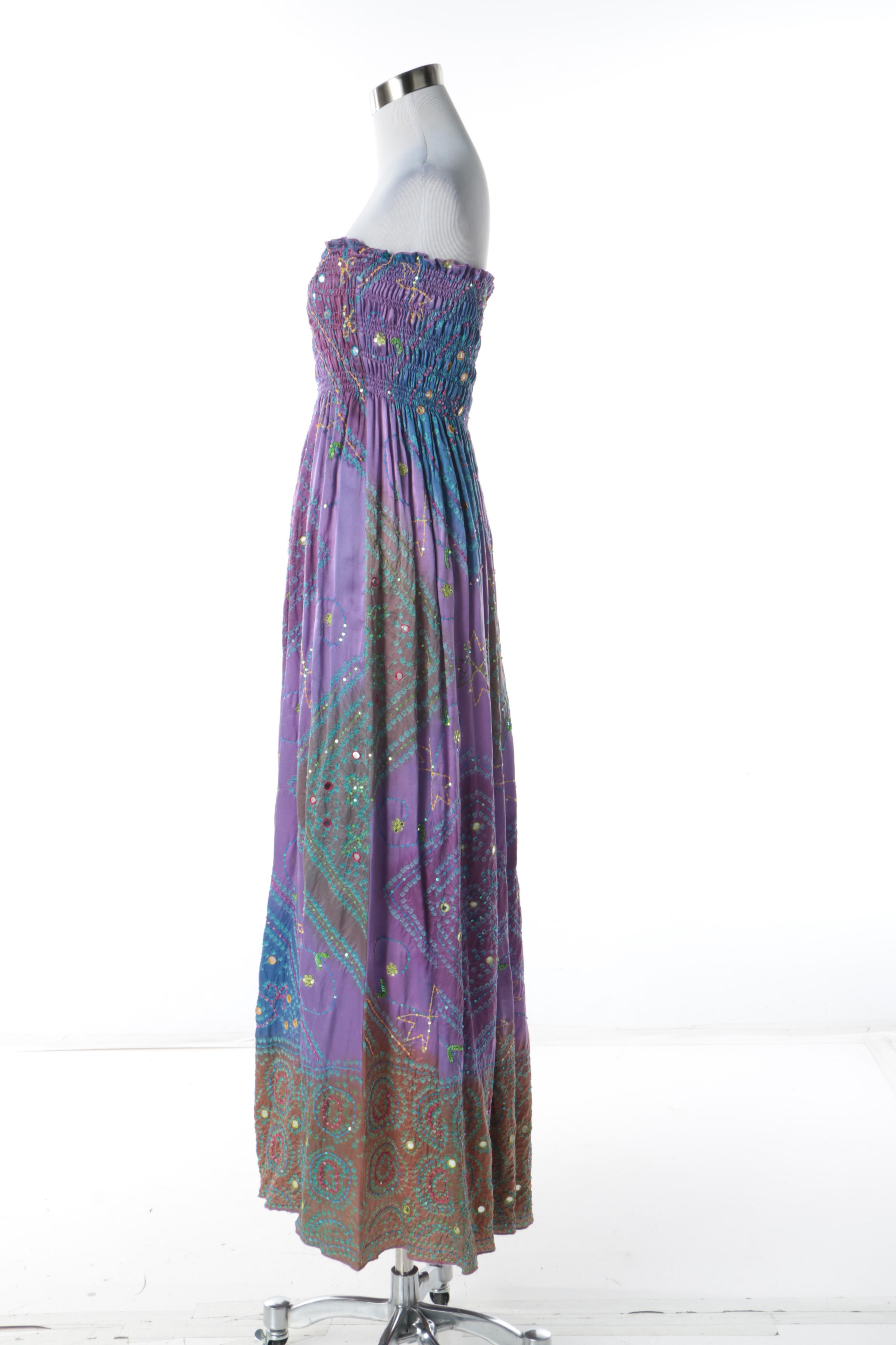 Seneca Moss Blue and Violet Silk Strapless Dress with Shisheh and Sequin Detail