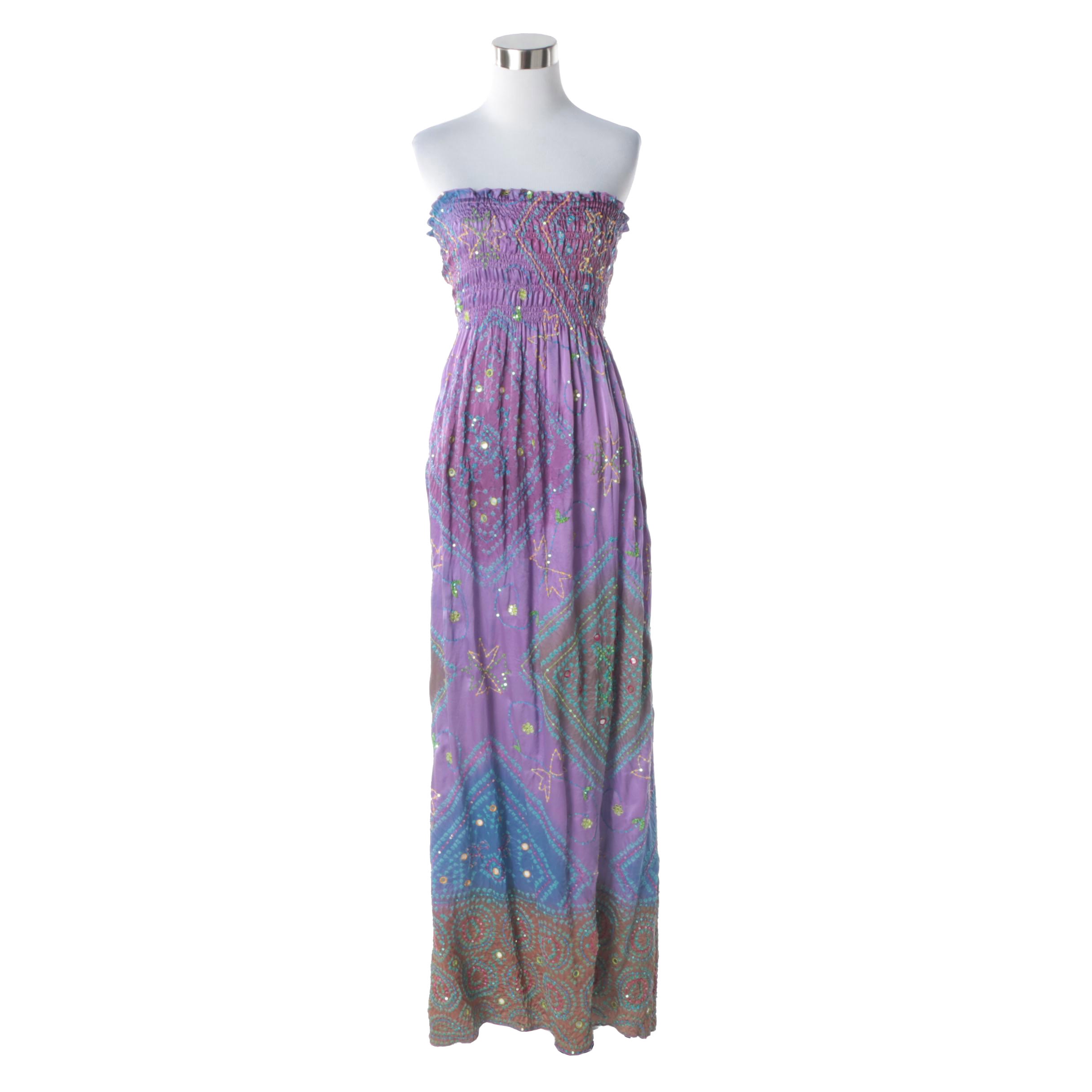 Seneca Moss Blue and Violet Silk Strapless Dress with Shisheh and Sequin Detail