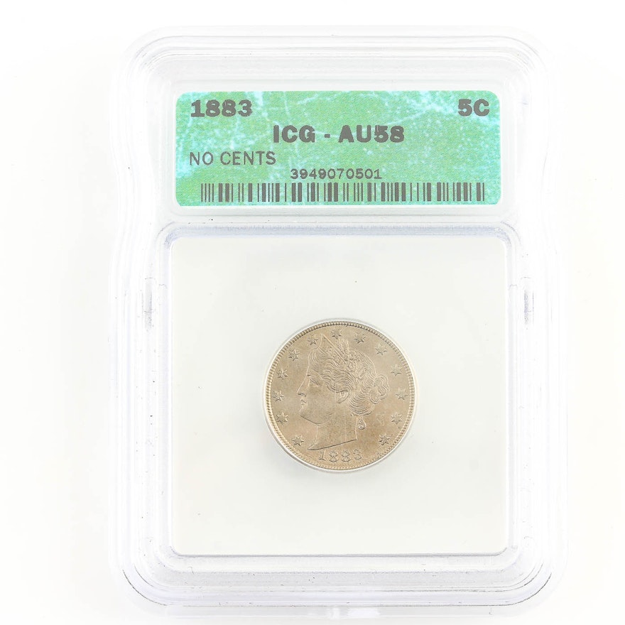 ICG Graded AU58 1883 Liberty "V" Nickel Without Cents