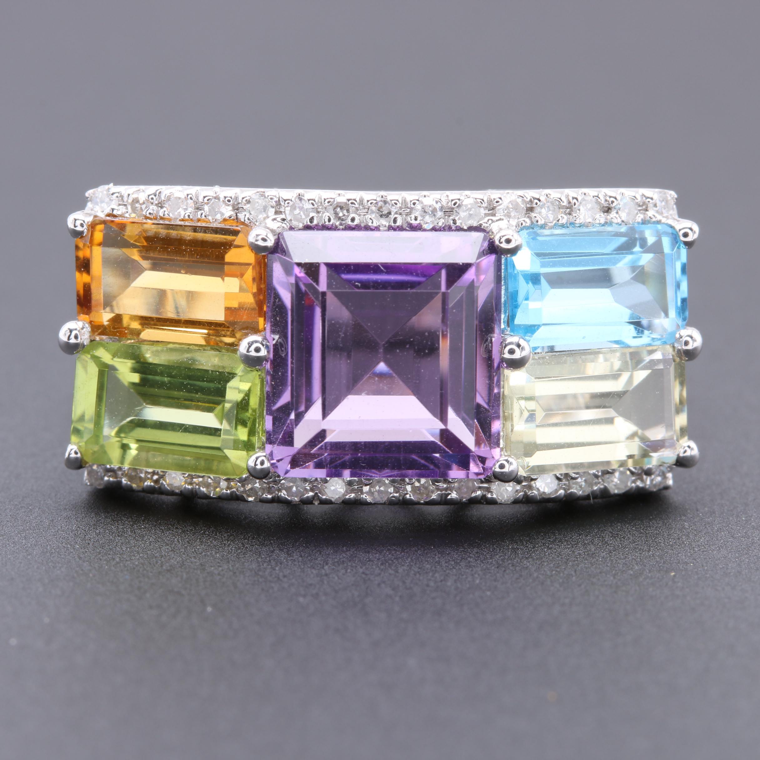 14K White Gold Amethyst, Diamond and Gemstone Ring